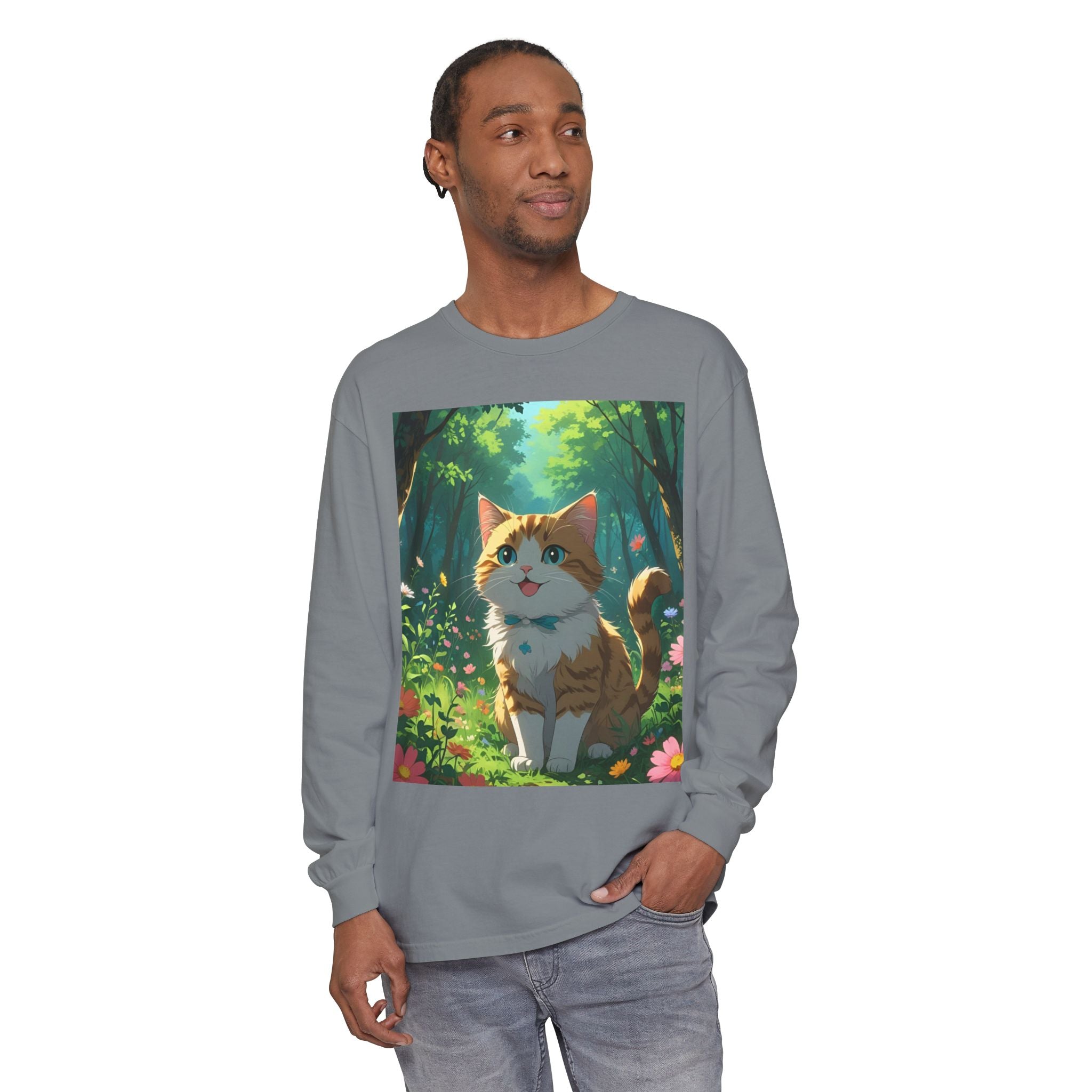 Whimsical Cat In Forest Long Sleeve T-Shirt - Perfect for Cat Lovers, Nature Enthusiasts, Gifts, Cozy Wear, Everyday Style