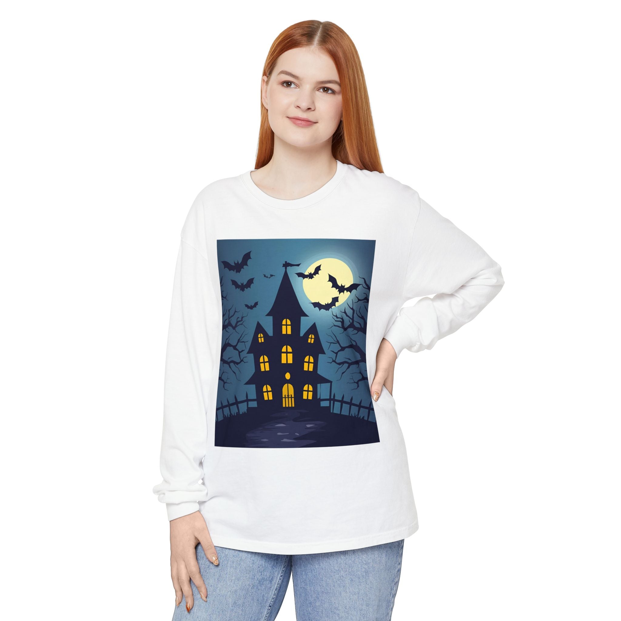 Haunted House Long Sleeve T-Shirt | Halloween Apparel, Fall Fashion, Spooky Shirt, Unisex Tee, Ghostly Vibes