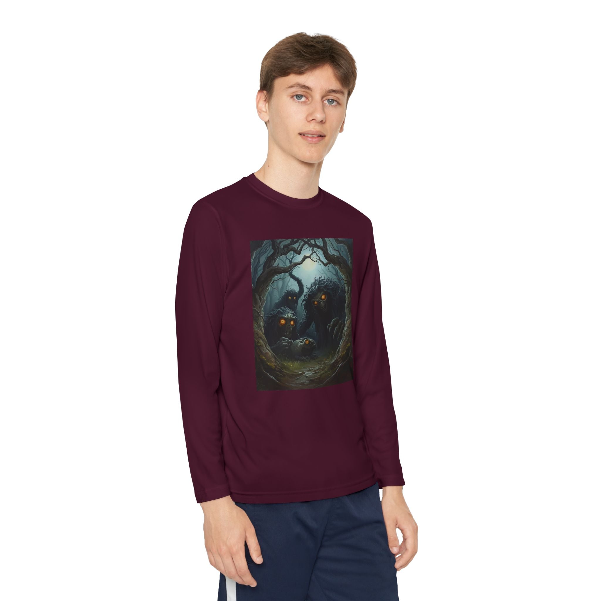 Spooky Forest Creatures Youth Long Sleeve Tee with Enchanted Forest Design, Comfortable Unisex T-Shirt for All Seasons, Perfect for Halloween and Nature Lovers
