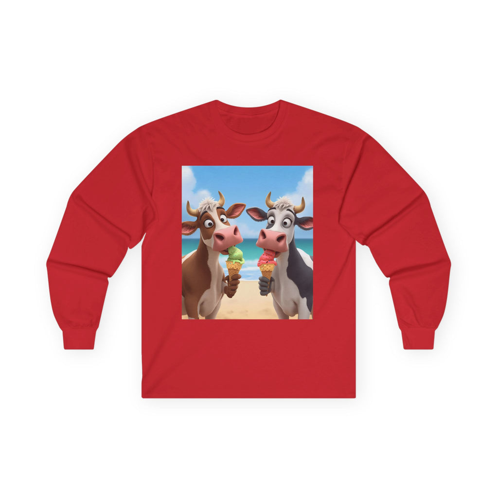 Funny Beach Cow Graphic Long Sleeve Tee, Cute Animal T-Shirt for Kids, Ice Cream Lover Gift, Summer Beach Apparel, Dairy Product Humor
