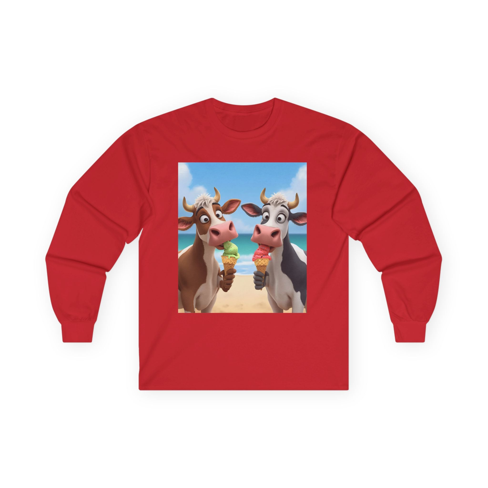 Funny Beach Cow Graphic Long Sleeve Tee, Cute Animal T-Shirt for Kids, Ice Cream Lover Gift, Summer Beach Apparel, Dairy Product Humor