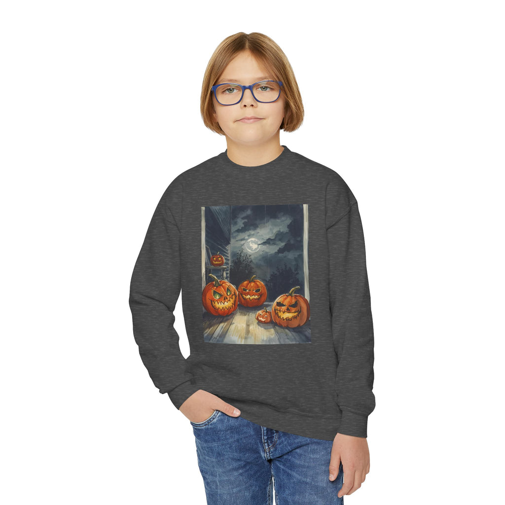 Halloween Pumpkin  Youth Crewneck Sweatshirt, Cozy Fall Sweatshirt, Kids Halloween Apparel, Pumpkin Sweatshirt, Spooky Season Top
