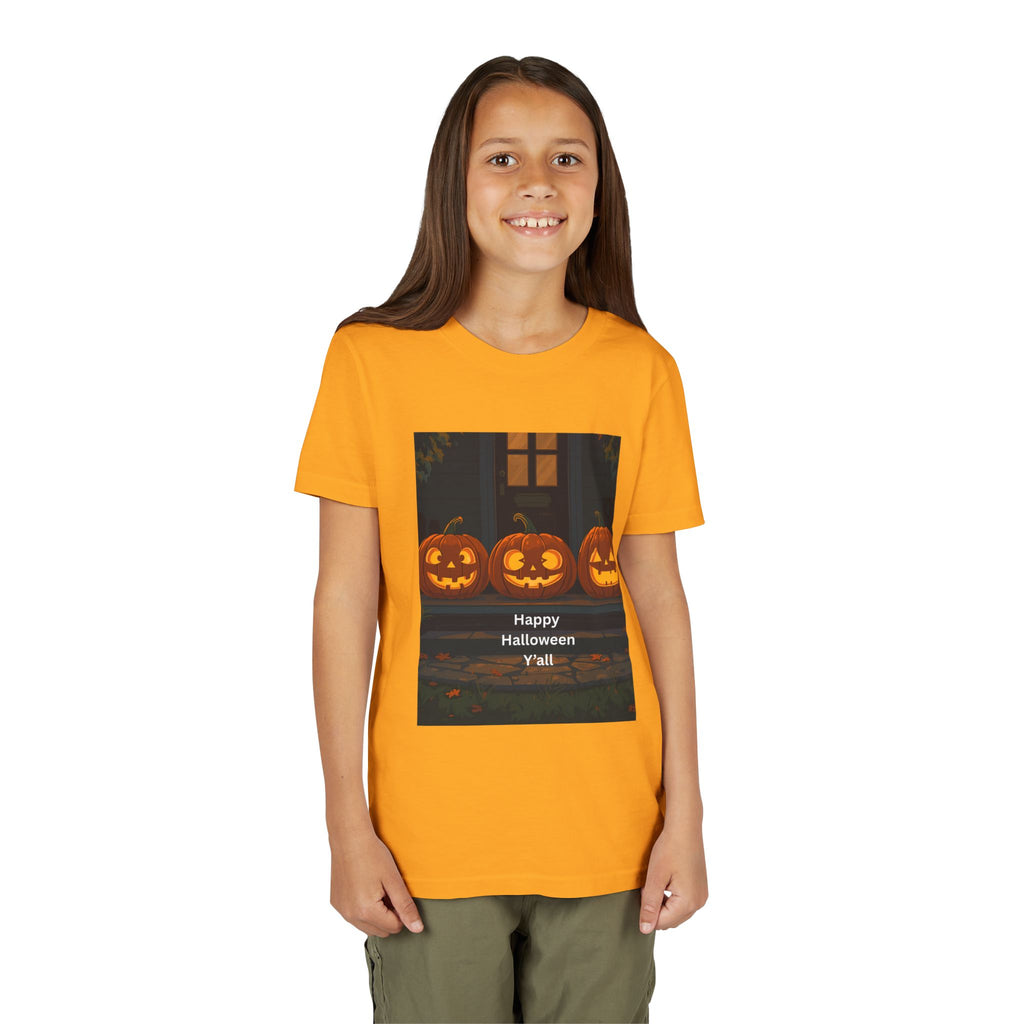 Halloween Pumpkin Youth Tee, Jack-o'-lantern Shirt, Trick or Treat Apparel, Spooky Kids T-Shirt, Halloween Costume Top