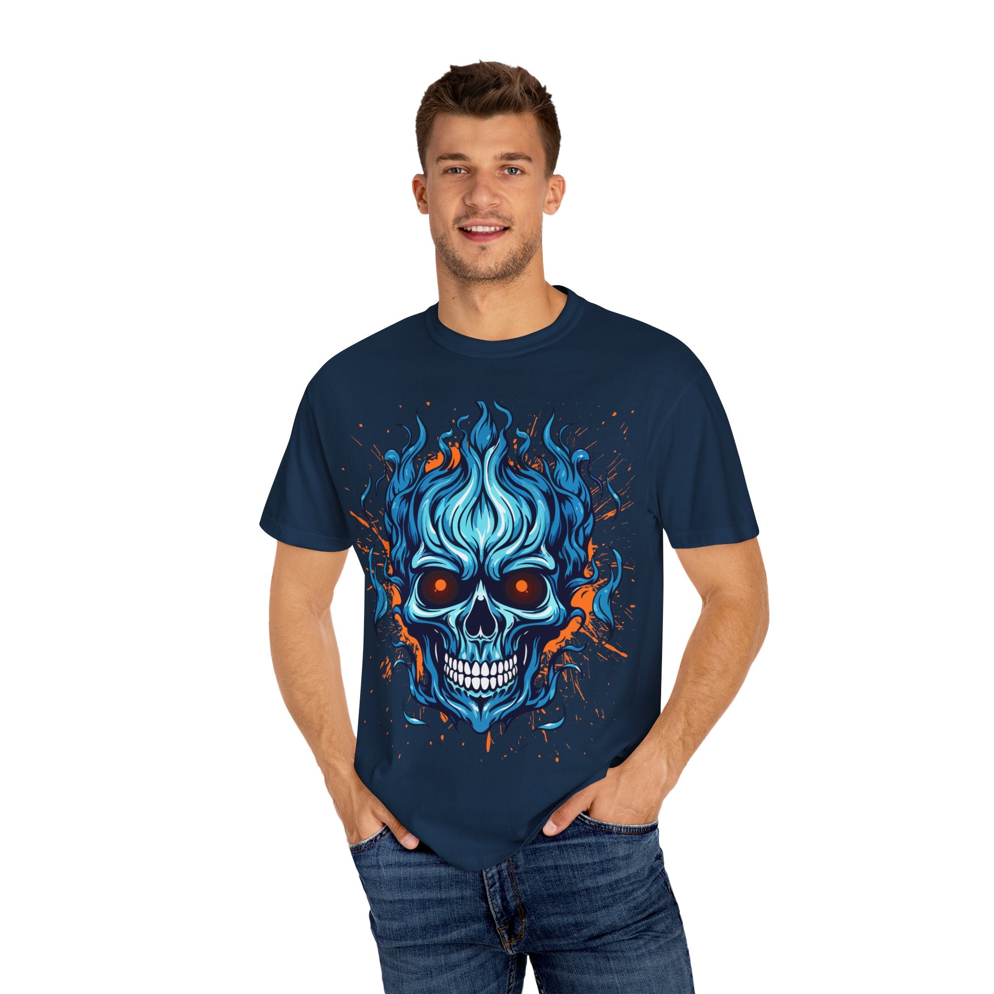 Flaming Skull T-Shirt, Unisex Graphic Tee, Edgy Casual Wear, Halloween Apparel, Gift for Rock Music Fans