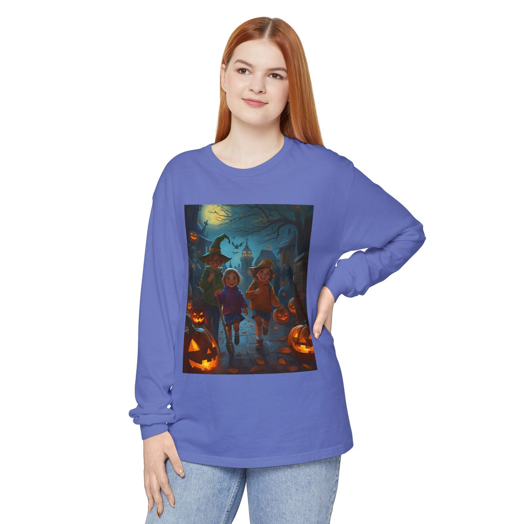 Halloween Themed Unisex Long Sleeve T-Shirt, Spooky Autumn Apparel, Trick-or-Treat Shirt, Fall Fashion, Casual Halloween Outfits