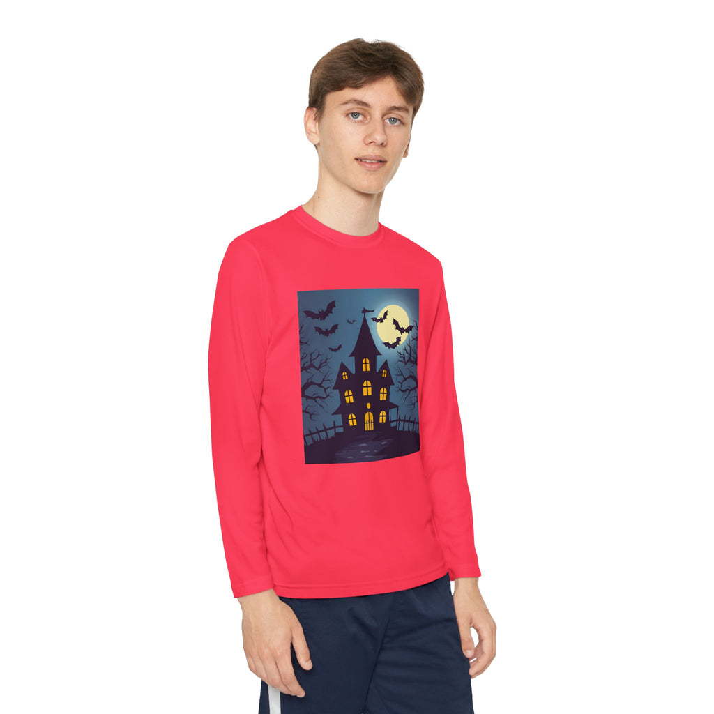 Halloween Haunted House Youth Long Sleeve Tee, Halloween Shirt, Spooky Tee, Ghostly Nightwear, Fall Apparel, Kids Halloween Costume