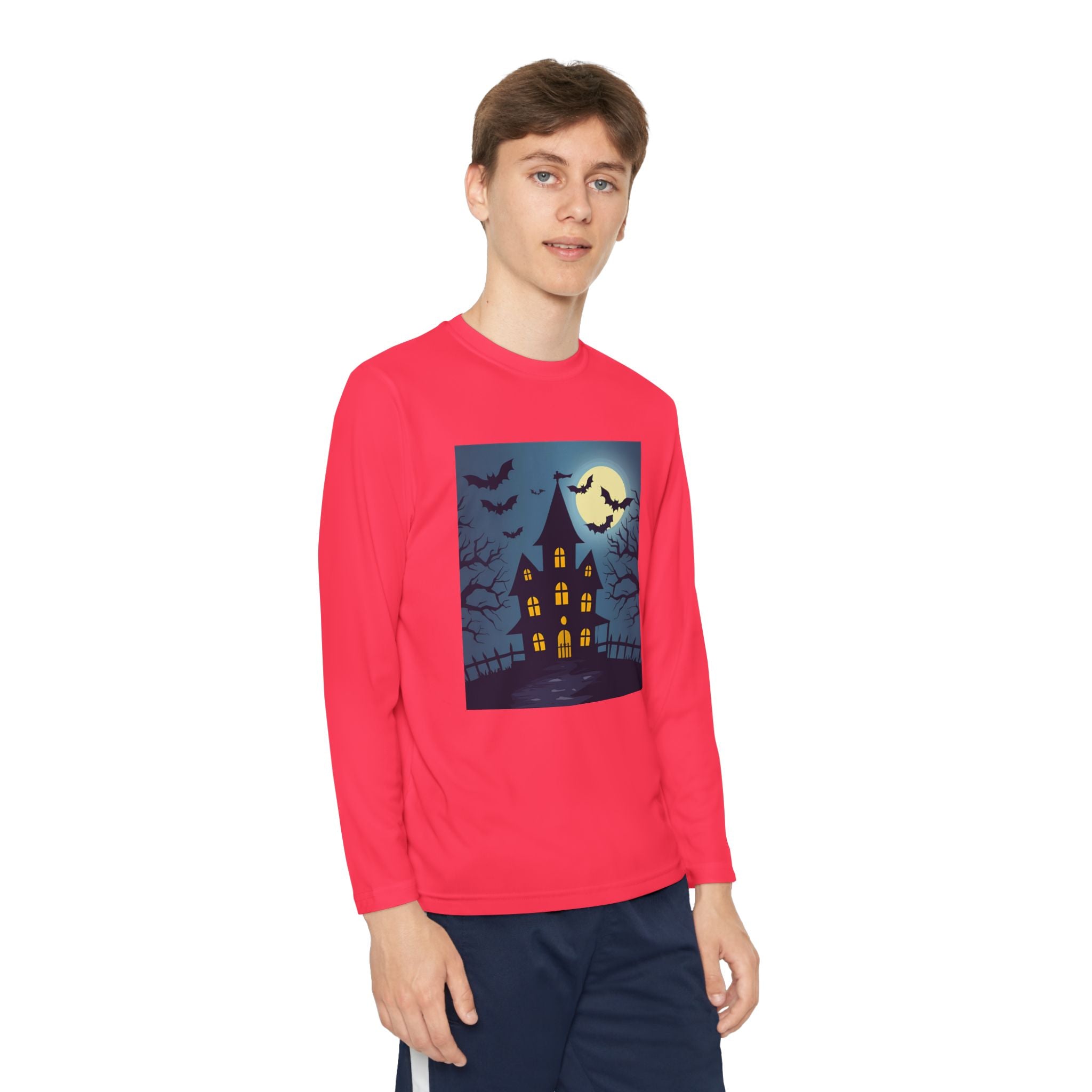 Halloween Haunted House Youth Long Sleeve Tee, Halloween Shirt, Spooky Tee, Ghostly Nightwear, Fall Apparel, Kids Halloween Costume