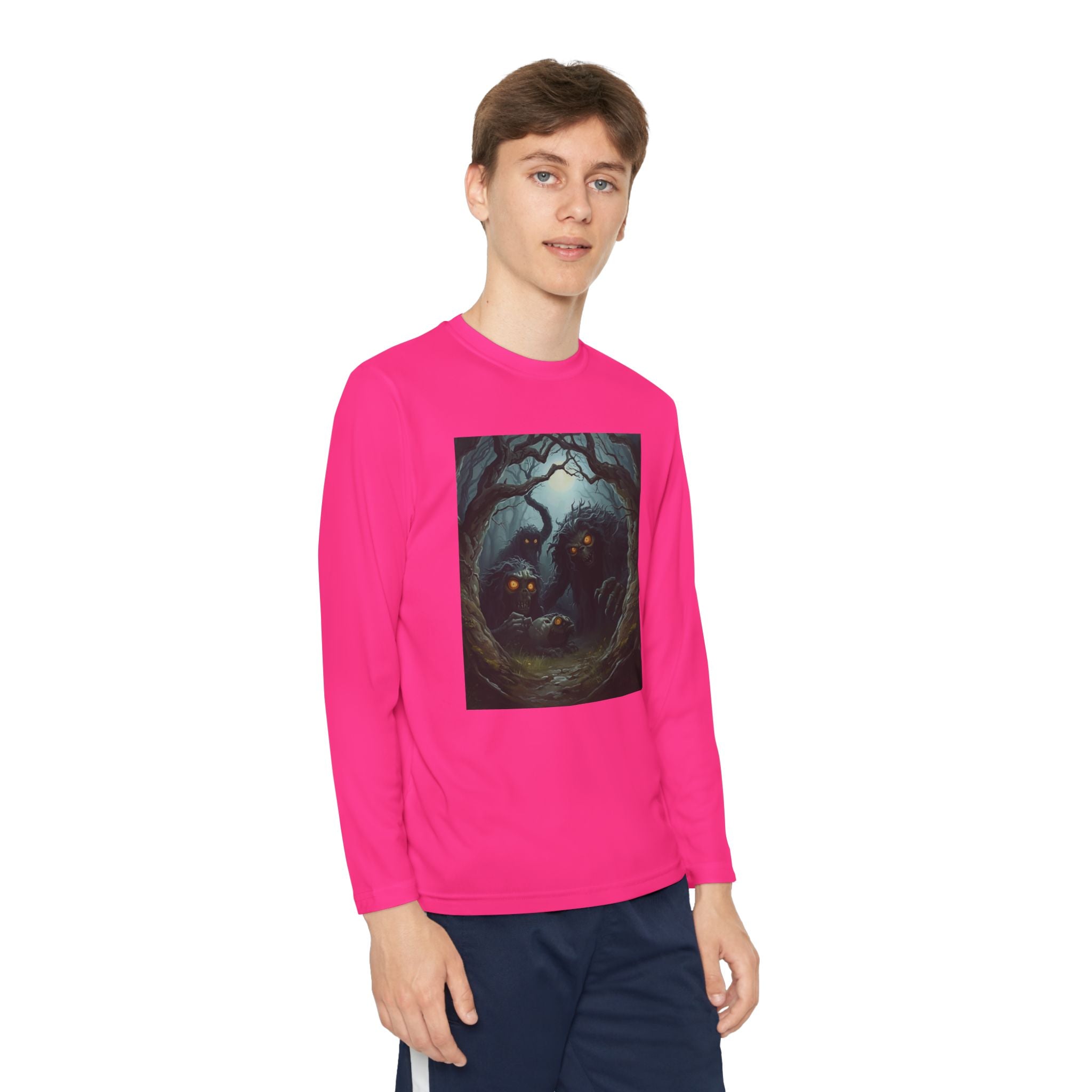 Spooky Forest Creatures Youth Long Sleeve Tee with Enchanted Forest Design, Comfortable Unisex T-Shirt for All Seasons, Perfect for Halloween and Nature Lovers