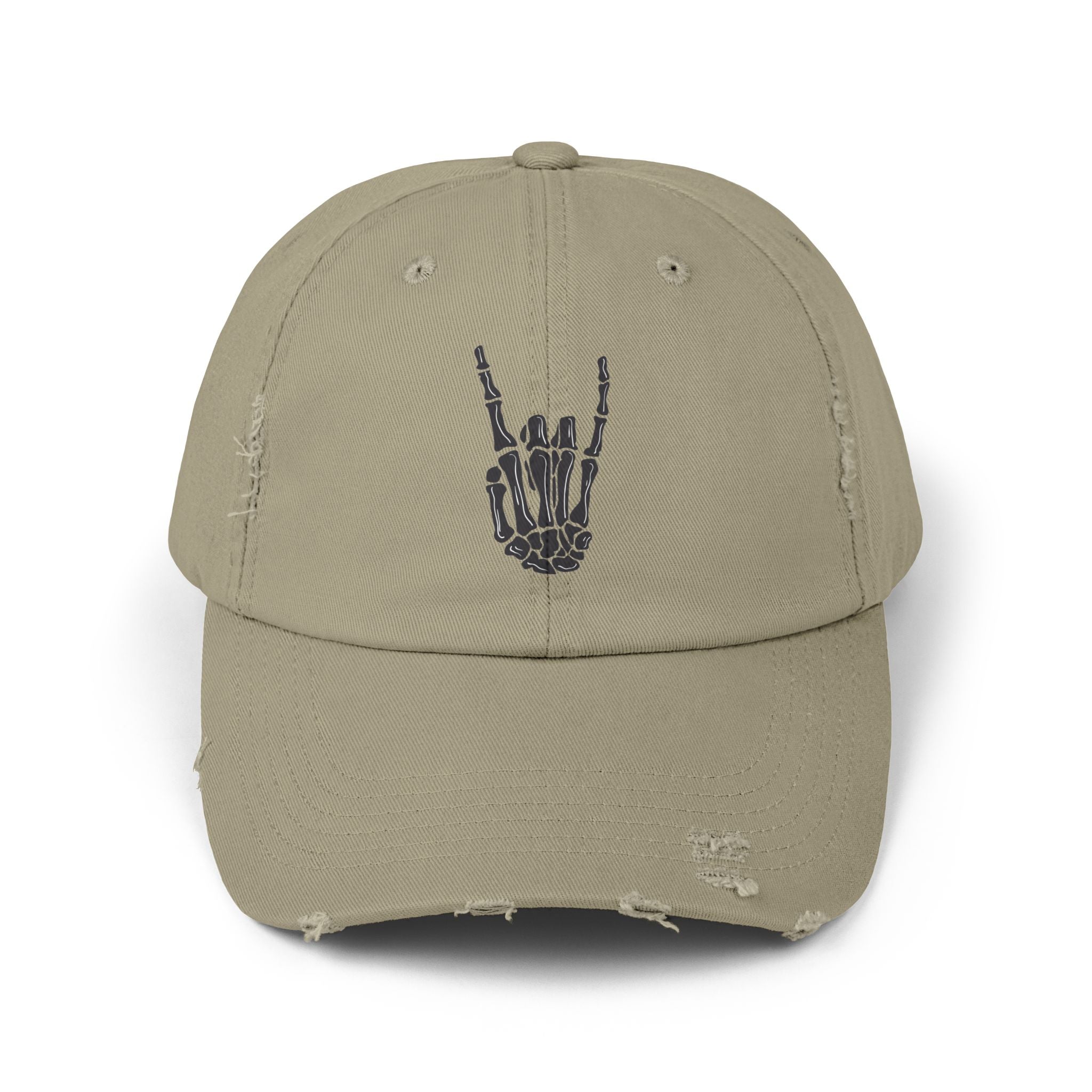 Distressed Cap with Rock Hand Design, Casual Hat for Music Lovers, Stylish Accessory, Gift for Concert Goers, Trendy Fashion Item