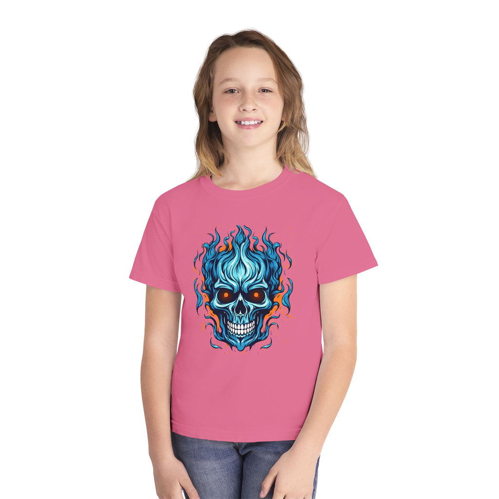 Skull Flame Youth Graphic Skull Tee, Cool Teen Fashion, Edgy Summer Wear, Halloween Costume, Unique Gift for Kids, Casual Everyday Style