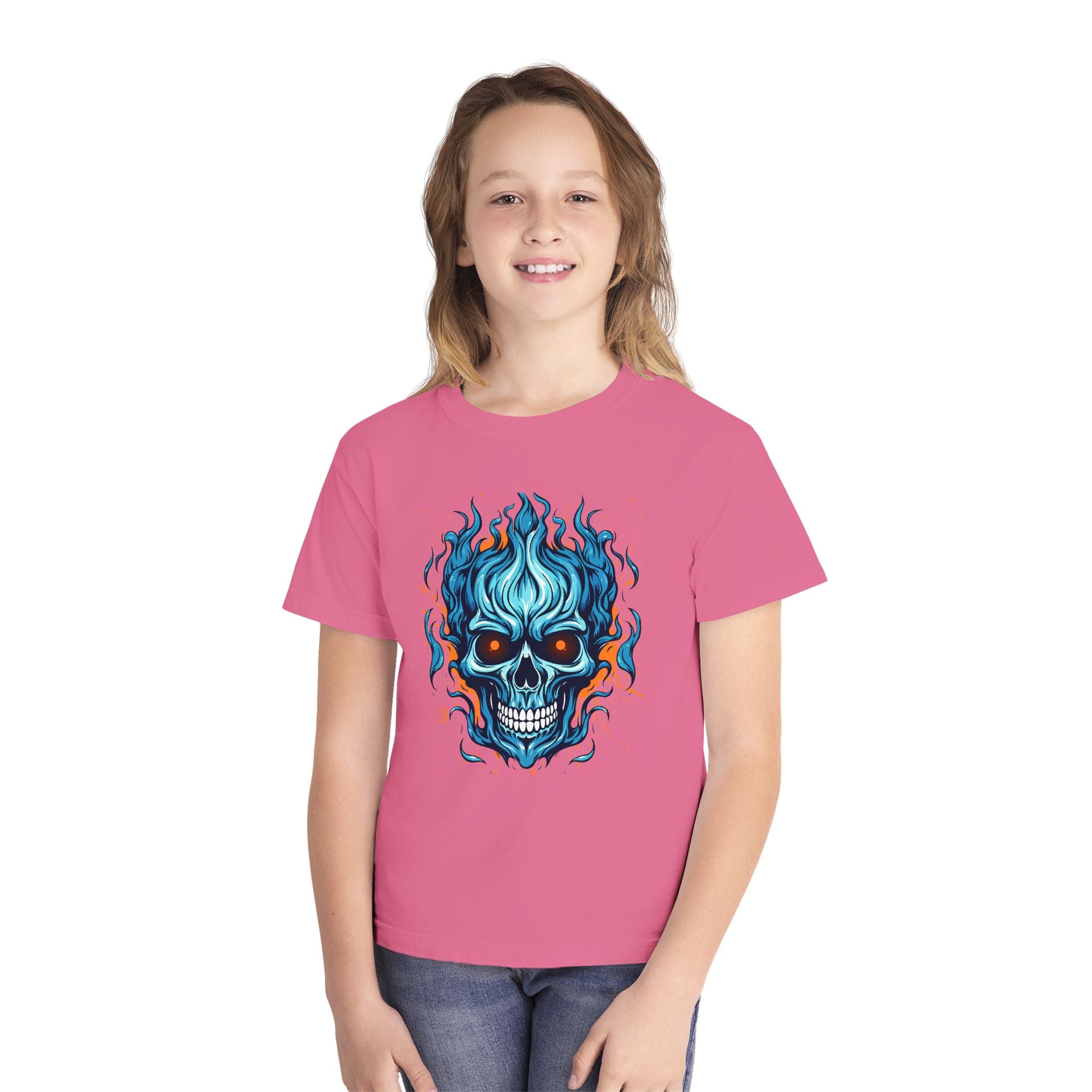 Skull Flame Youth Graphic Skull Tee, Cool Teen Fashion, Edgy Summer Wear, Halloween Costume, Unique Gift for Kids, Casual Everyday Style