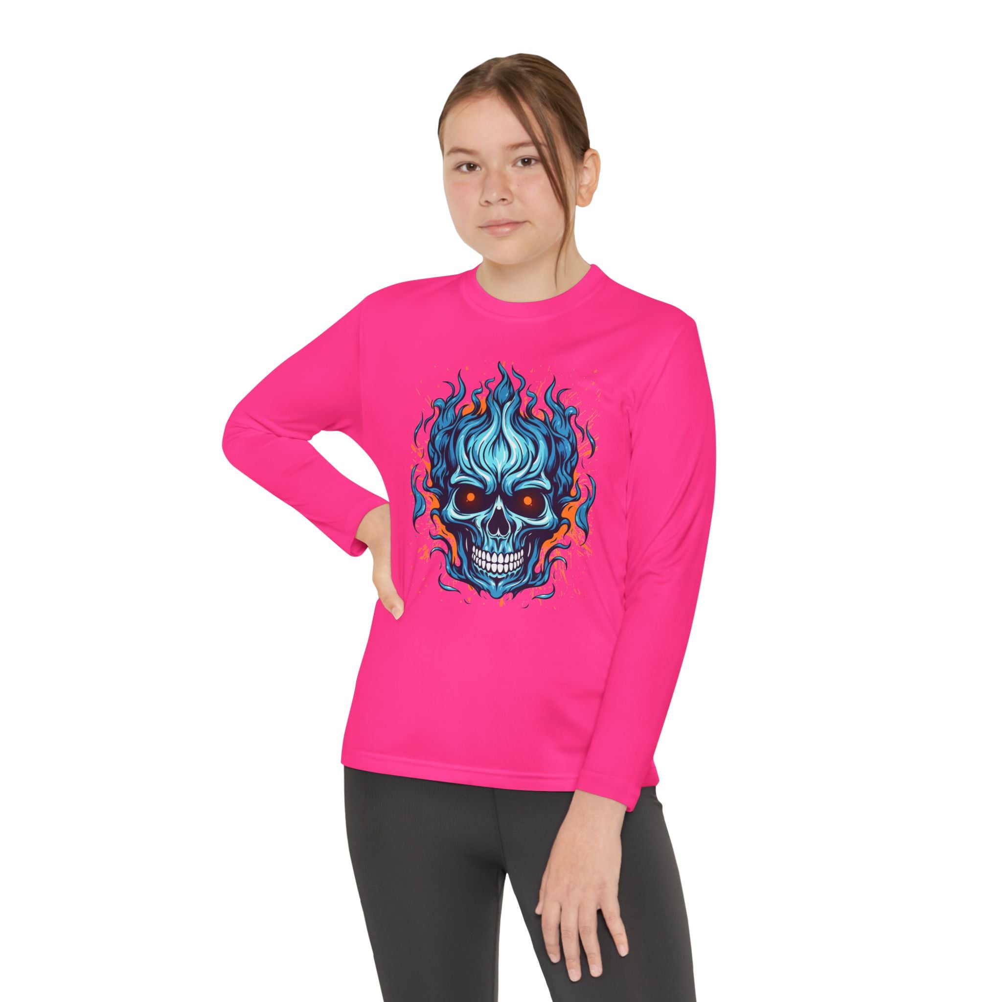 Skull Flame Youth Long Sleeve Skull Tee, Perfect for Halloween, Edgy Gift for Teens, Cozy Casual Wear, Skull Art Graphic Tee, Unique Birthday Present
