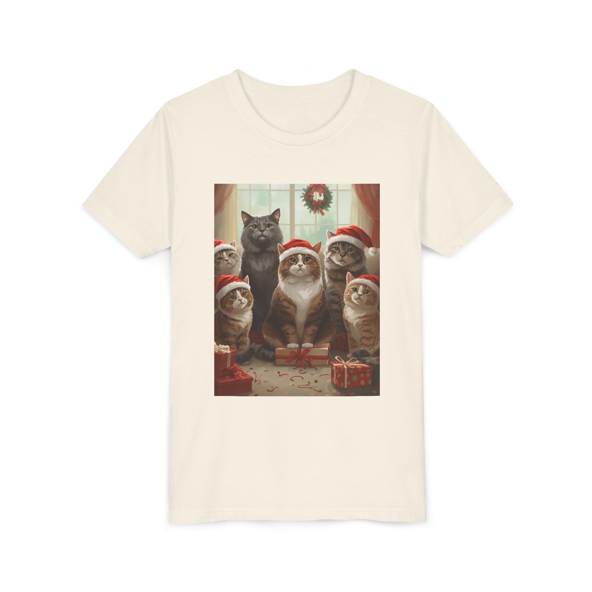Cute Festive Christmas Cat Youth Short Sleeve Tee