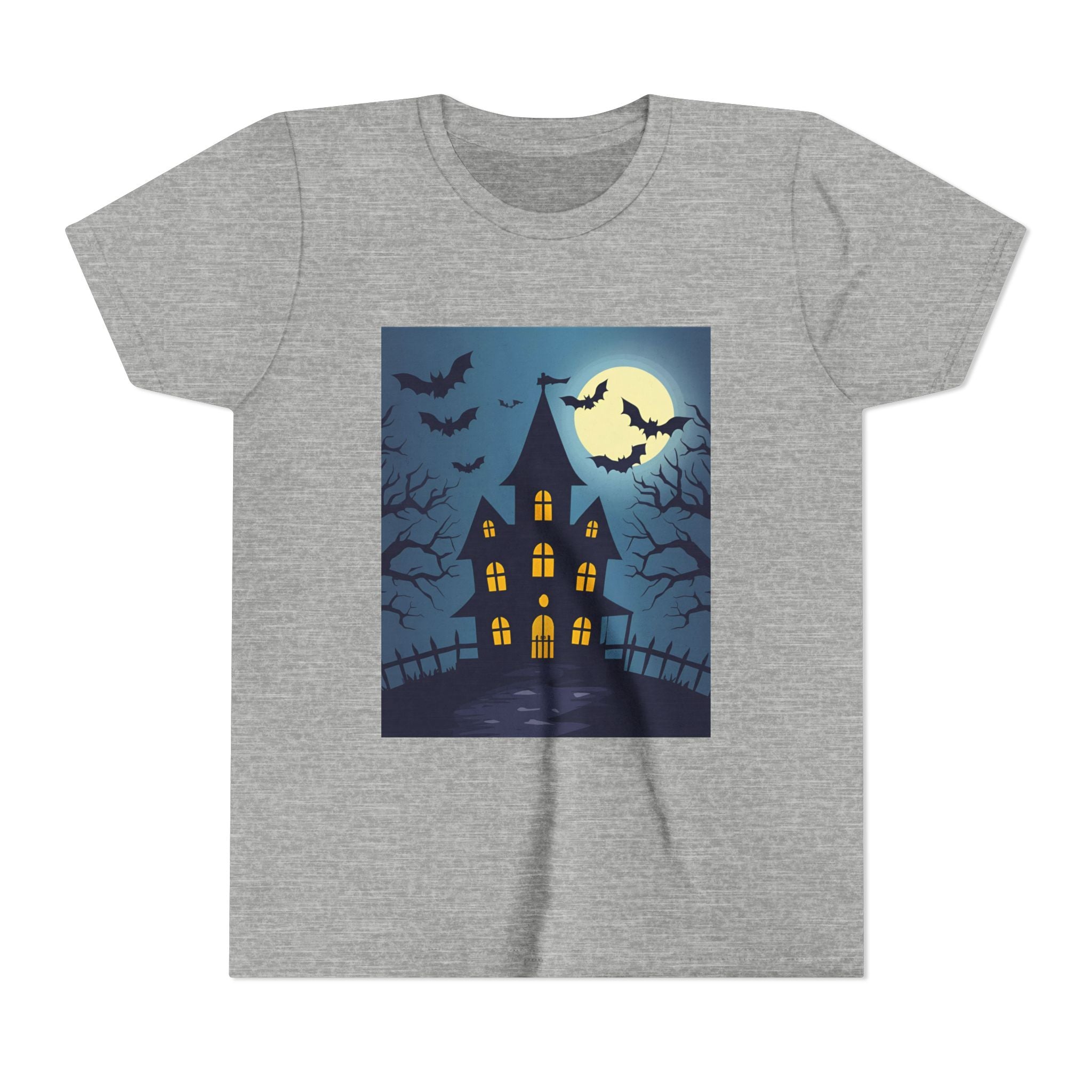 Spooky Halloween Haunted House Youth Tee, Kids Ghost T-Shirt, Haunted House Apparel, Bat Design Shirt, Trick or Treat Clothing