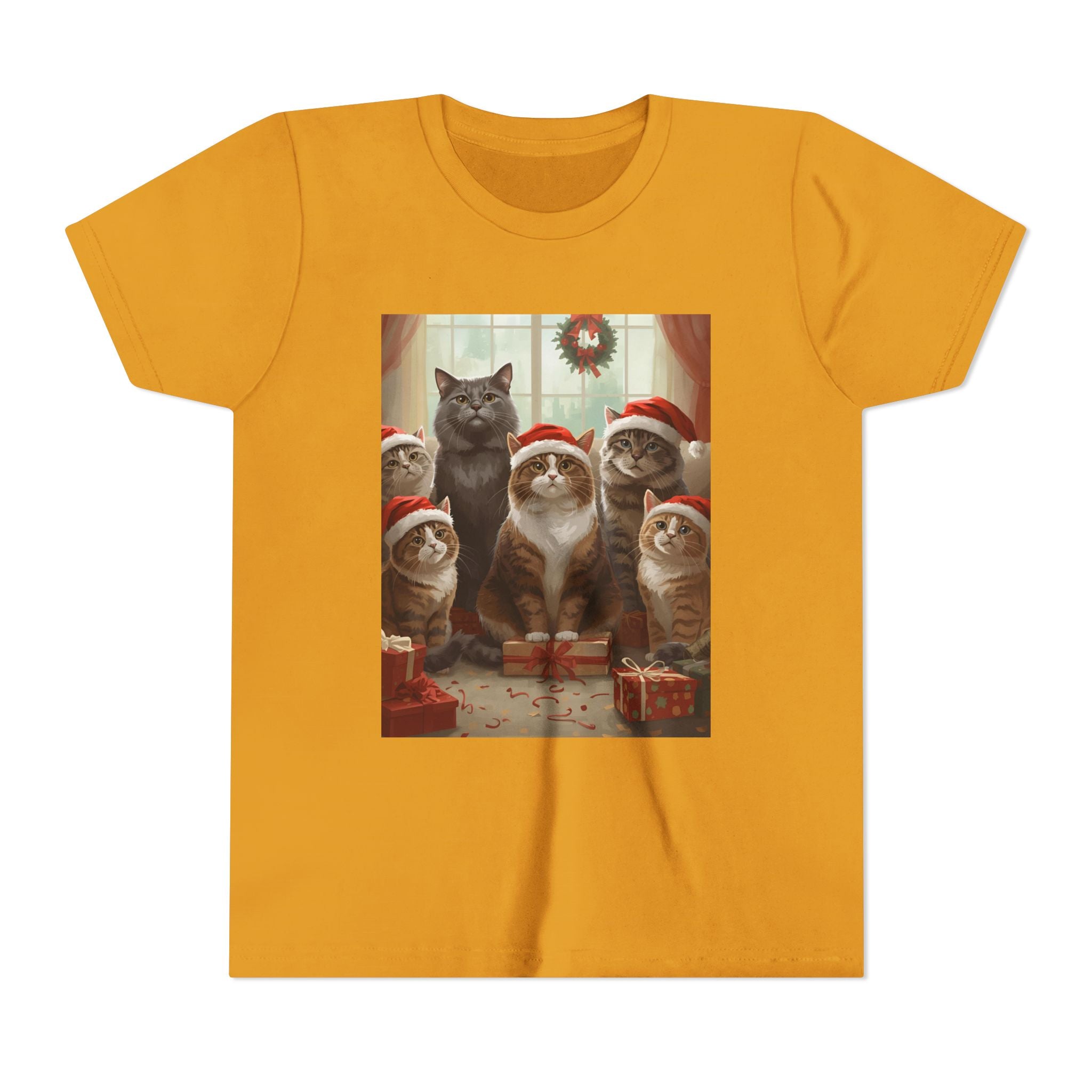 Cute Festive Christmas Cat Youth Short Sleeve Tee
