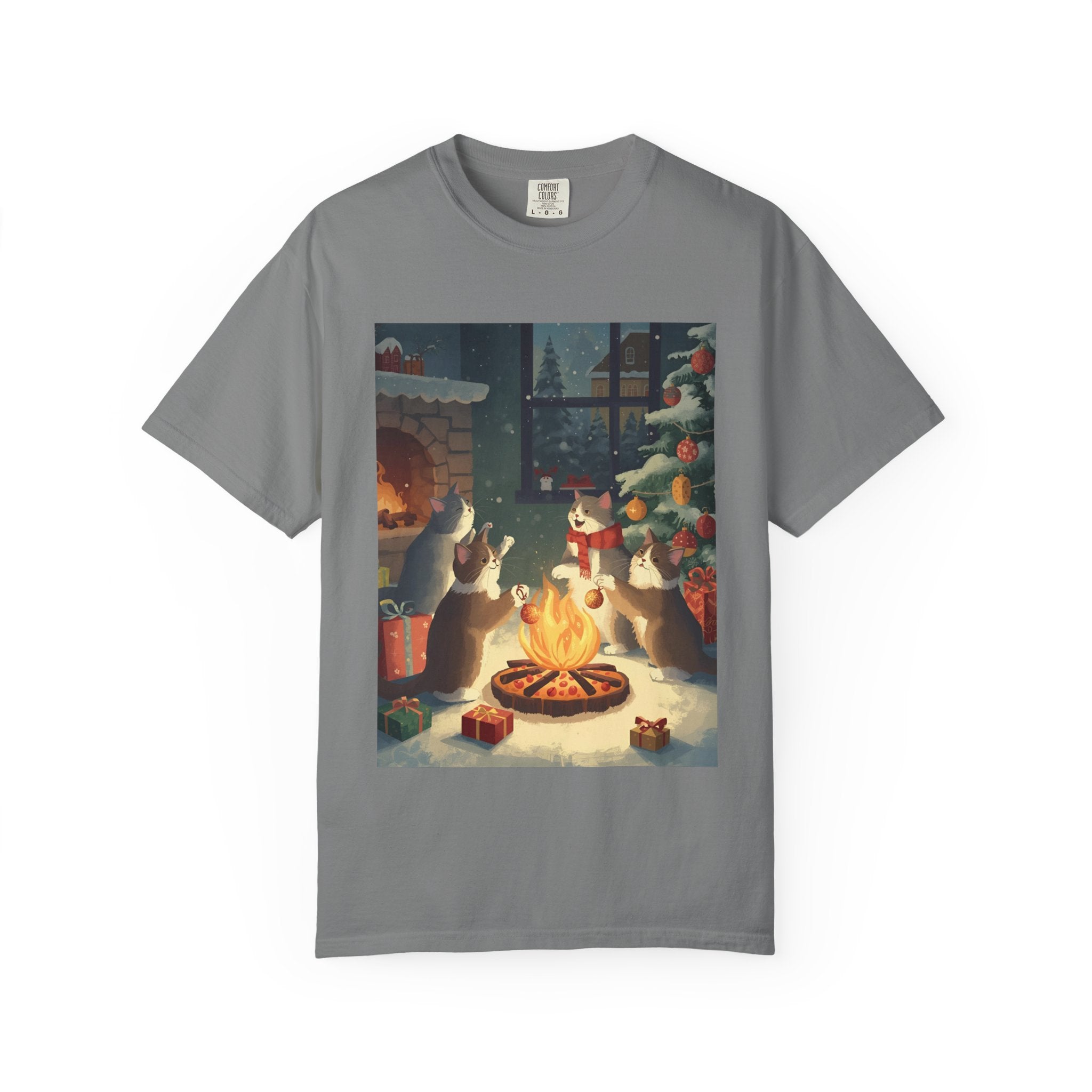Cozy Winter Cat T-shirt, Unisex Garment-Dyed Shirt, Holiday Gift, Christmas Apparel, Cat Lover Tee, Festive Casual Wear