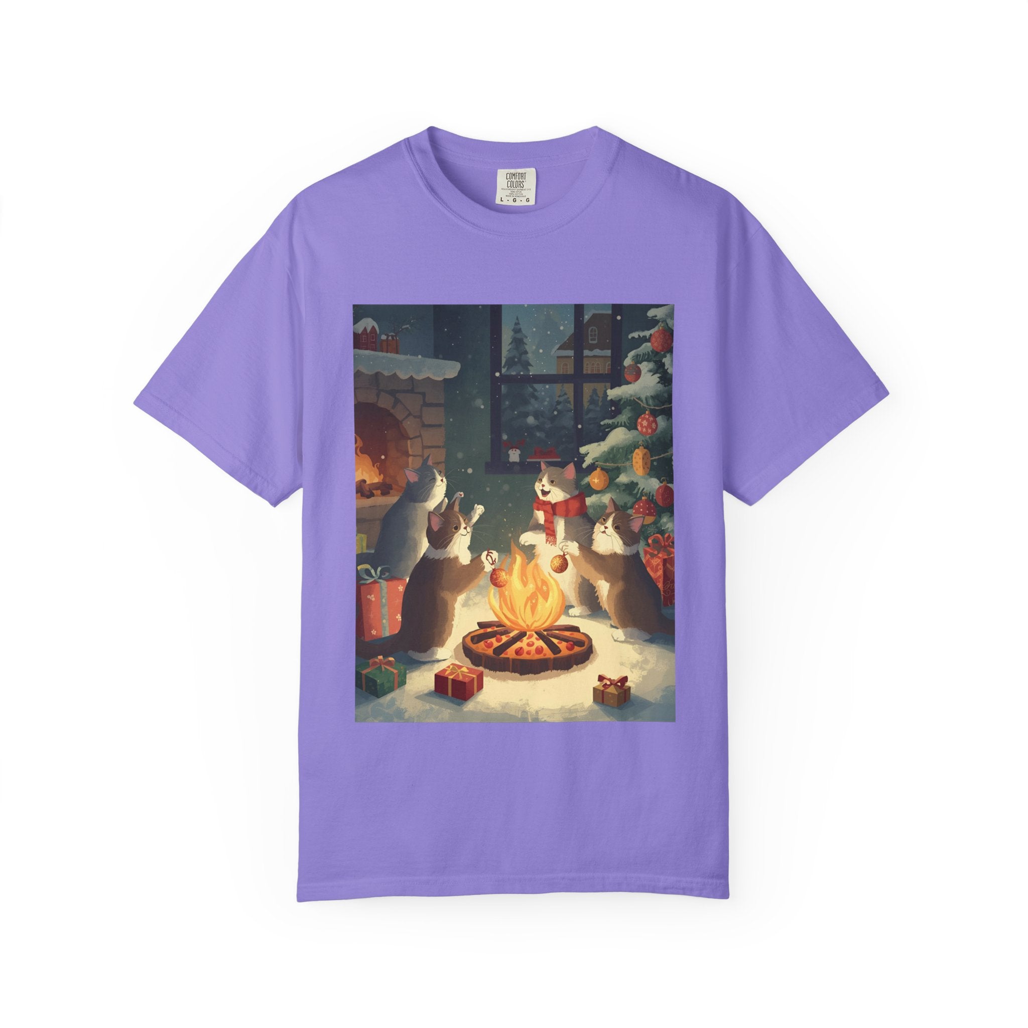 Cozy Cat Campfire T-shirt, Unisex Garment-Dyed Tee, Holiday Gift, Cat Lover Gift, Cute Winter T-shirt, Cozy Nightwear, Christmas Shirt