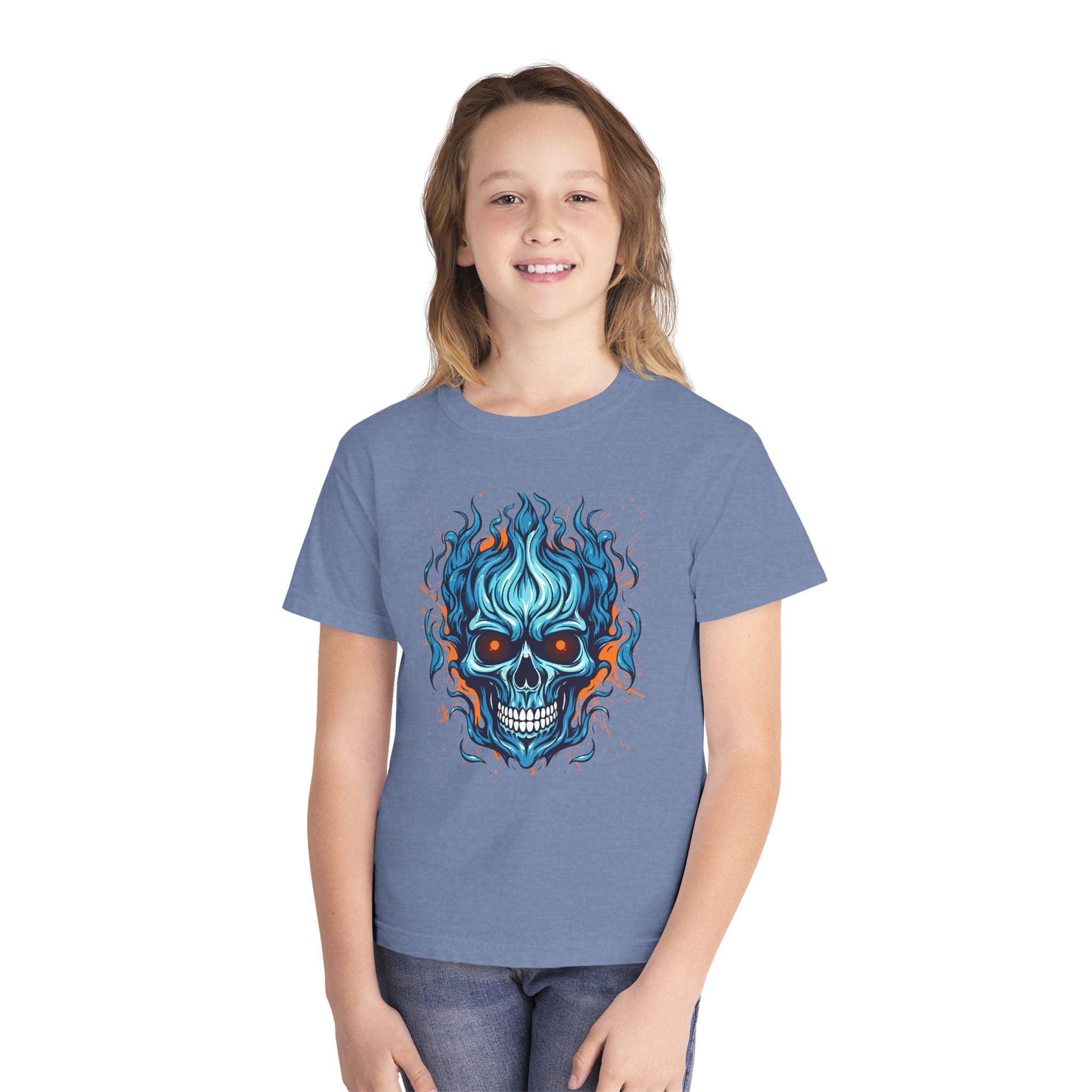 Skull Flame Youth Graphic Skull Tee, Cool Teen Fashion, Edgy Summer Wear, Halloween Costume, Unique Gift for Kids, Casual Everyday Style