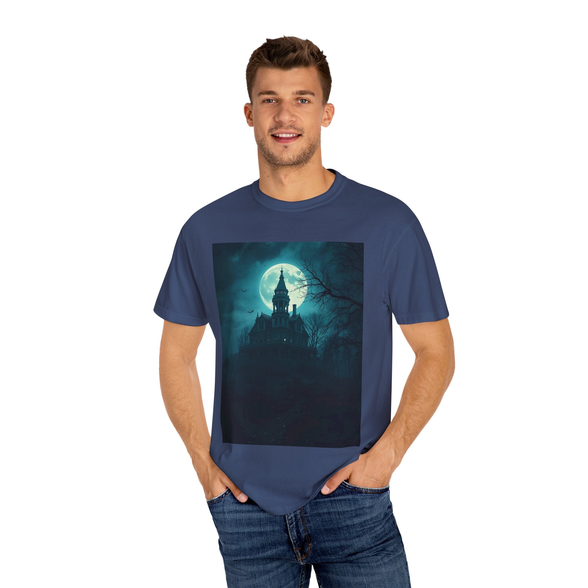 Haunted Moonlight Spooky Castle Graphic Tee | Unisex Garment-Dyed T-shirt, Halloween Shirt, Graphic Tee, Casual Wear, Gift for Ghost Lovers