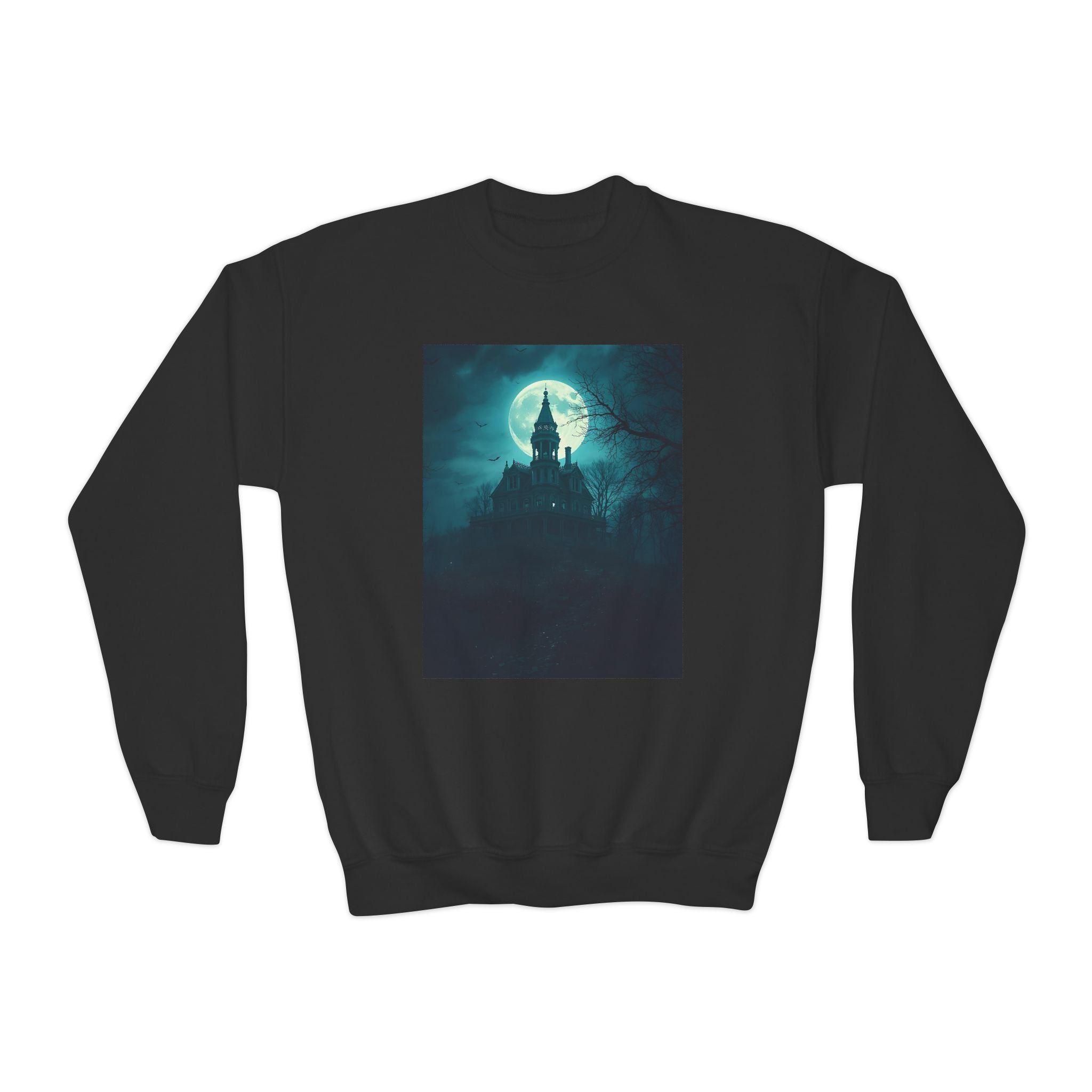 Haunted Moonlight Spooky Castle Youth Crewneck Sweatshirt | Halloween Gift, Cozy Sweatshirt for Kids, Unique Graphic Sweatshirt, Autumn Wardrobe Essential