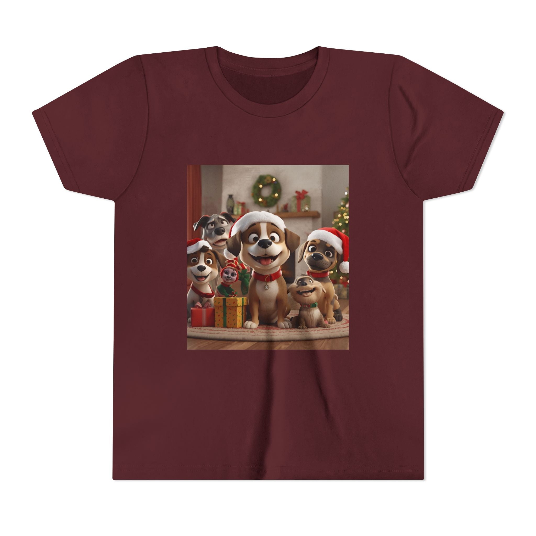 Cute Festive Christmas Dog Youth Short Sleeve Tee