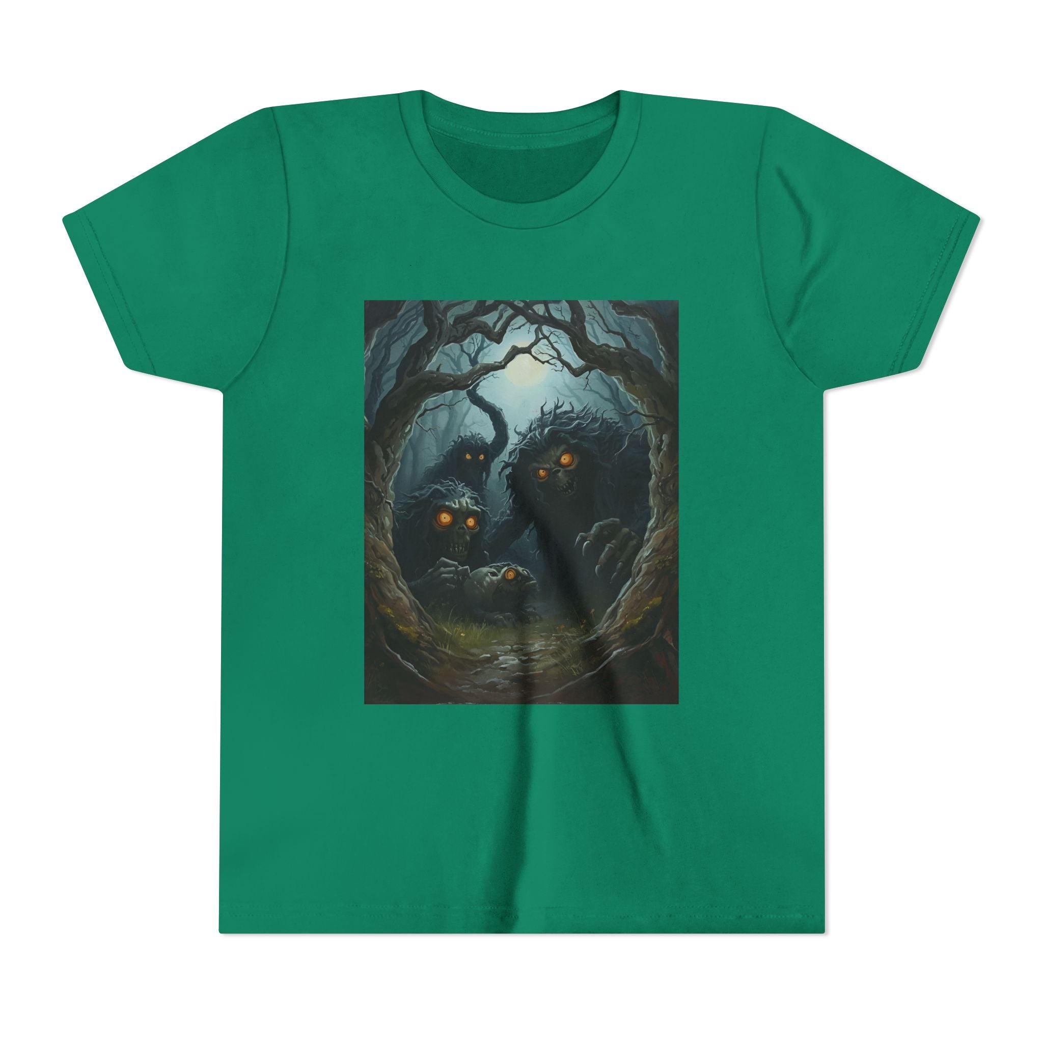 Spooky Mystical Forest Creatures Youth Tee, Cool Graphic T-Shirt, Kids Nature Shirt, Unique Gift for Boys & Girls, Perfect for Halloween