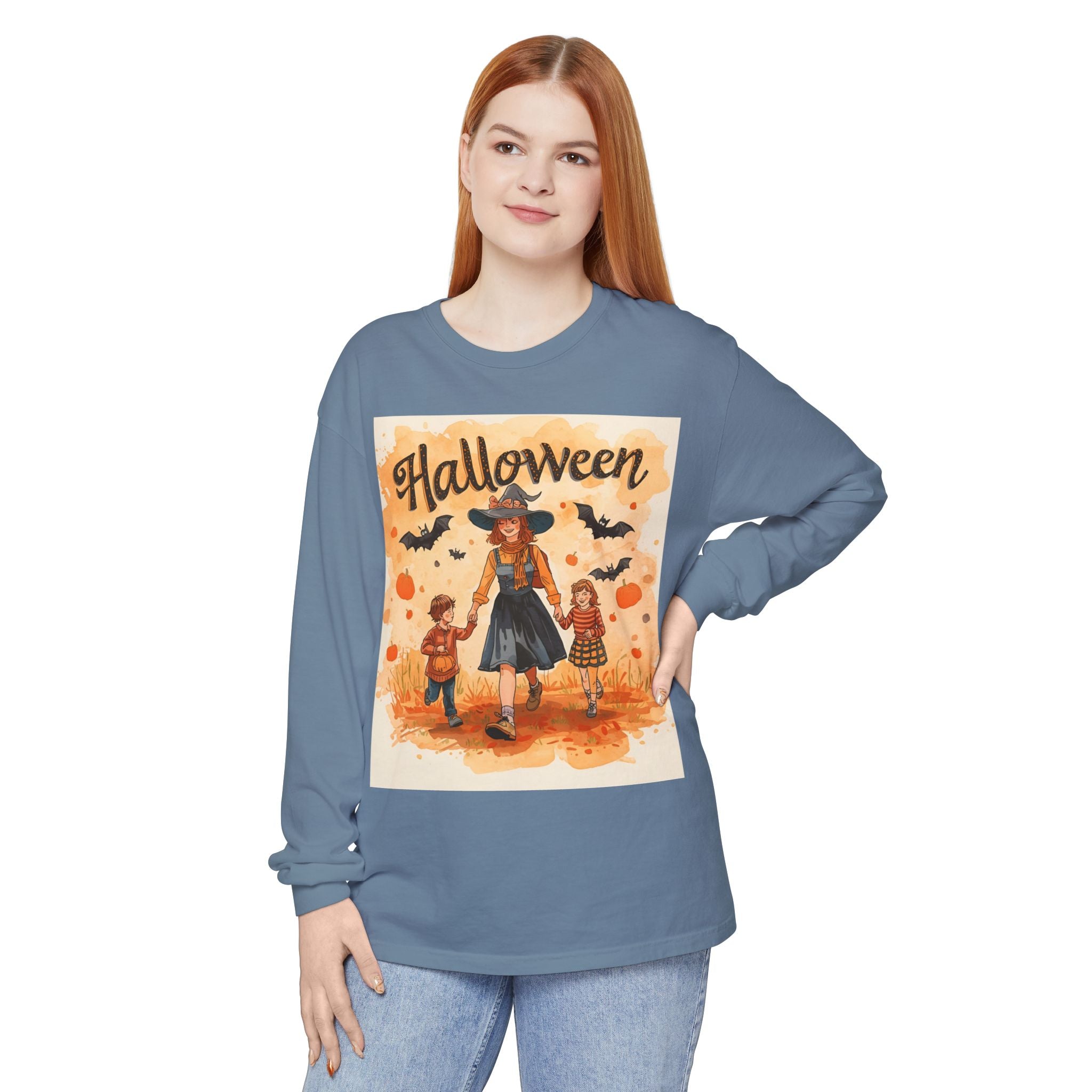 Halloween Themed Mom And Children Unisex Garment-dyed Long Sleeve T-Shirt
