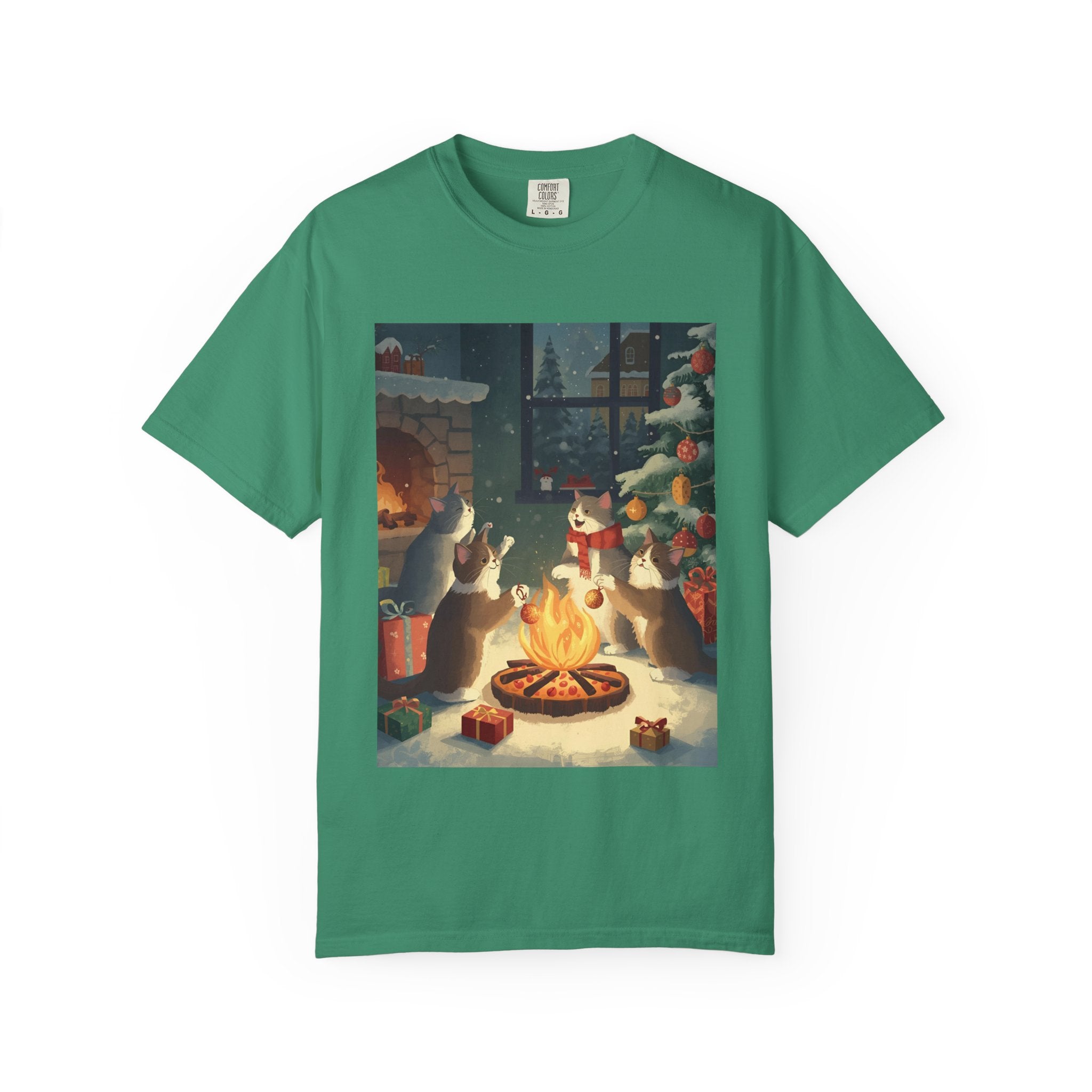 Cozy Winter Cat T-shirt, Unisex Garment-Dyed Shirt, Holiday Gift, Christmas Apparel, Cat Lover Tee, Festive Casual Wear