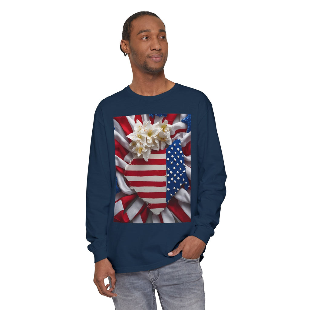 Patriotic Long Sleeve T-Shirt | Unisex Garment-Dyed Tee for Independence Day, Memorial Day, Fourth of July, Summer BBQs, Gifts
