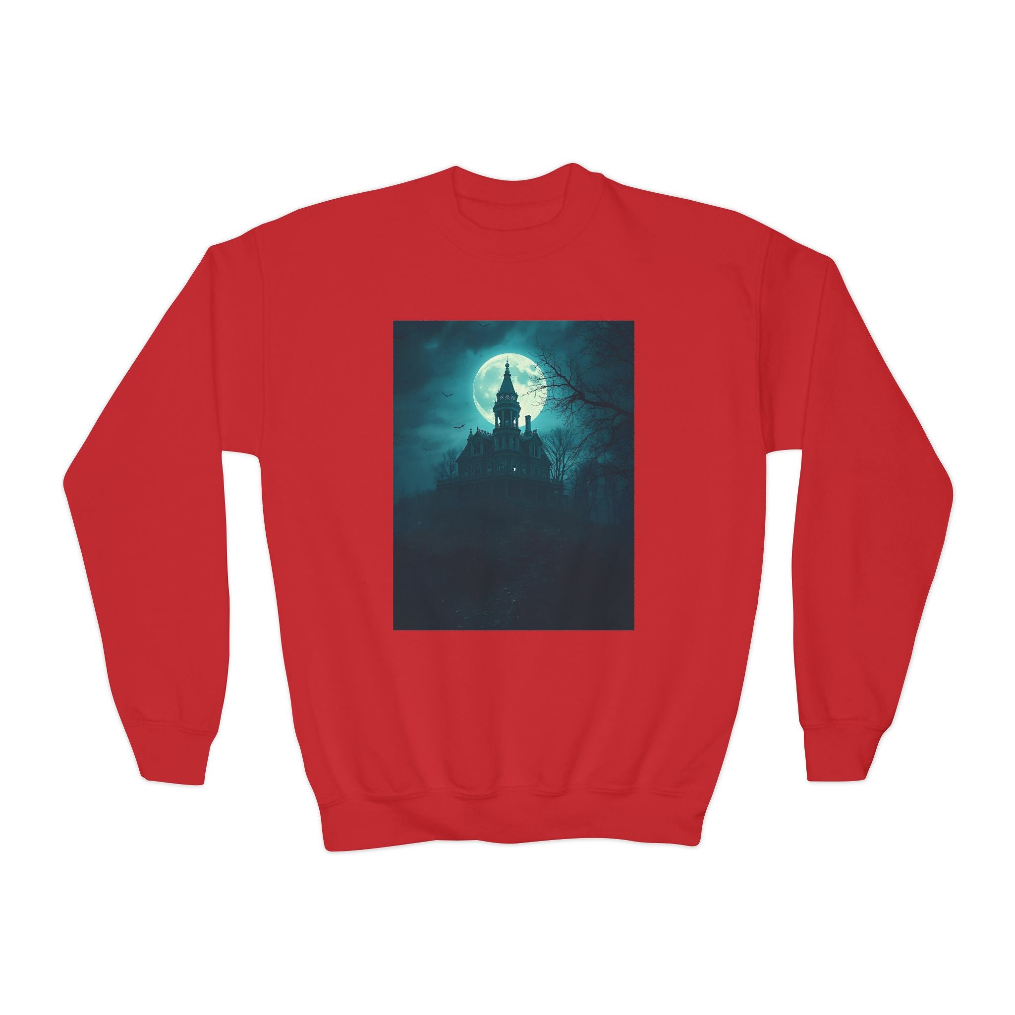 Haunted Moonlight Spooky Castle Youth Crewneck Sweatshirt | Halloween Gift, Cozy Sweatshirt for Kids, Unique Graphic Sweatshirt, Autumn Wardrobe Essential