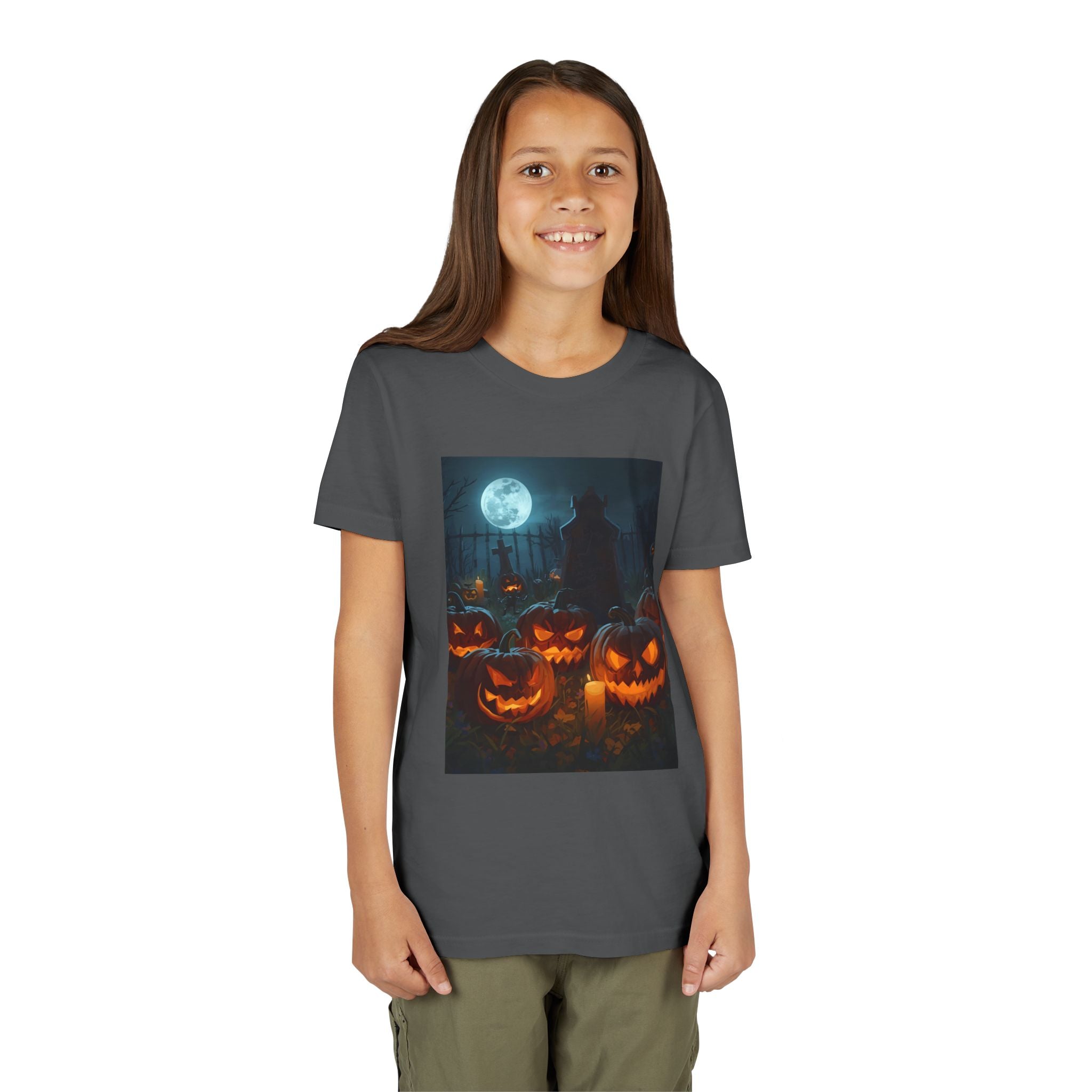 Scary Halloween Pumpkin Youth Short Sleeve Tee, Cute Halloween Shirt, Kids Costume Top, Spooky Tees, Trick or Treat Shirt