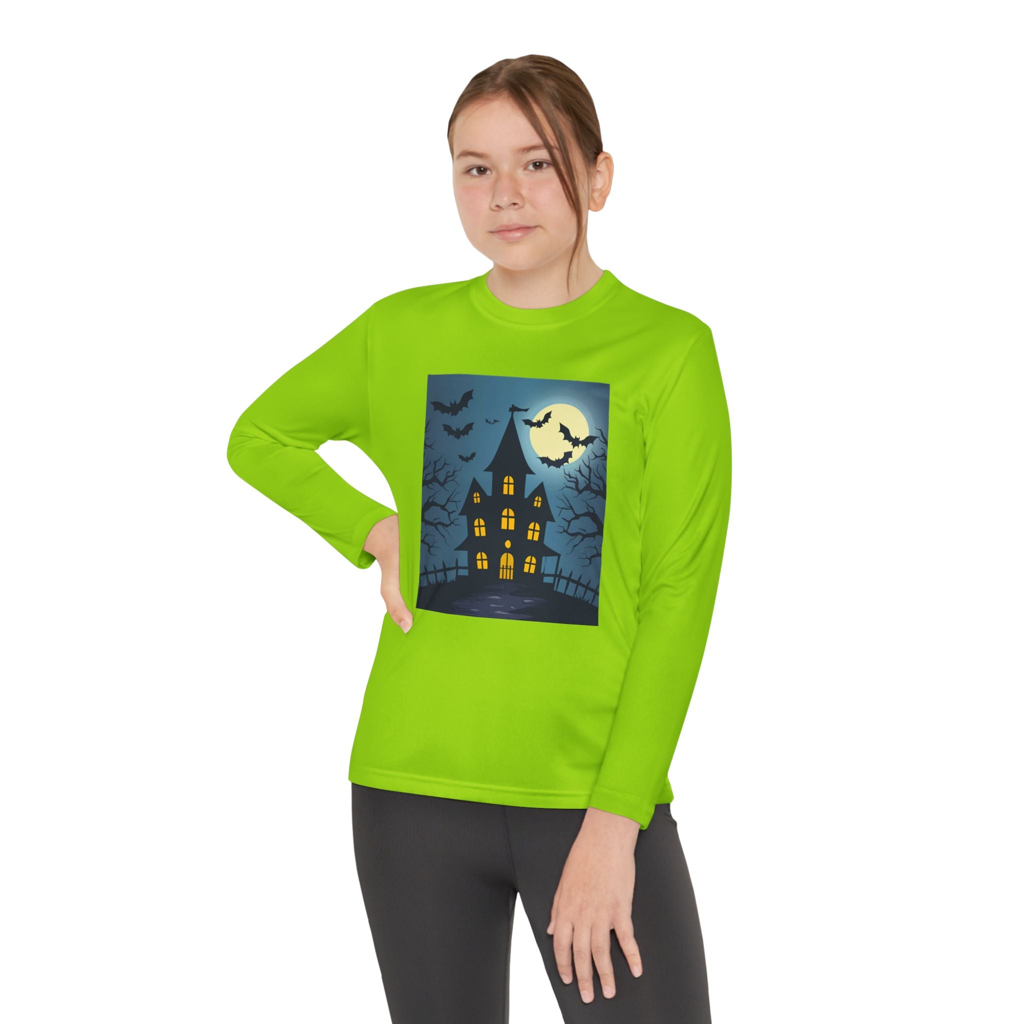 Halloween Haunted House Youth Long Sleeve Tee, Halloween Shirt, Spooky Tee, Ghostly Nightwear, Fall Apparel, Kids Halloween Costume