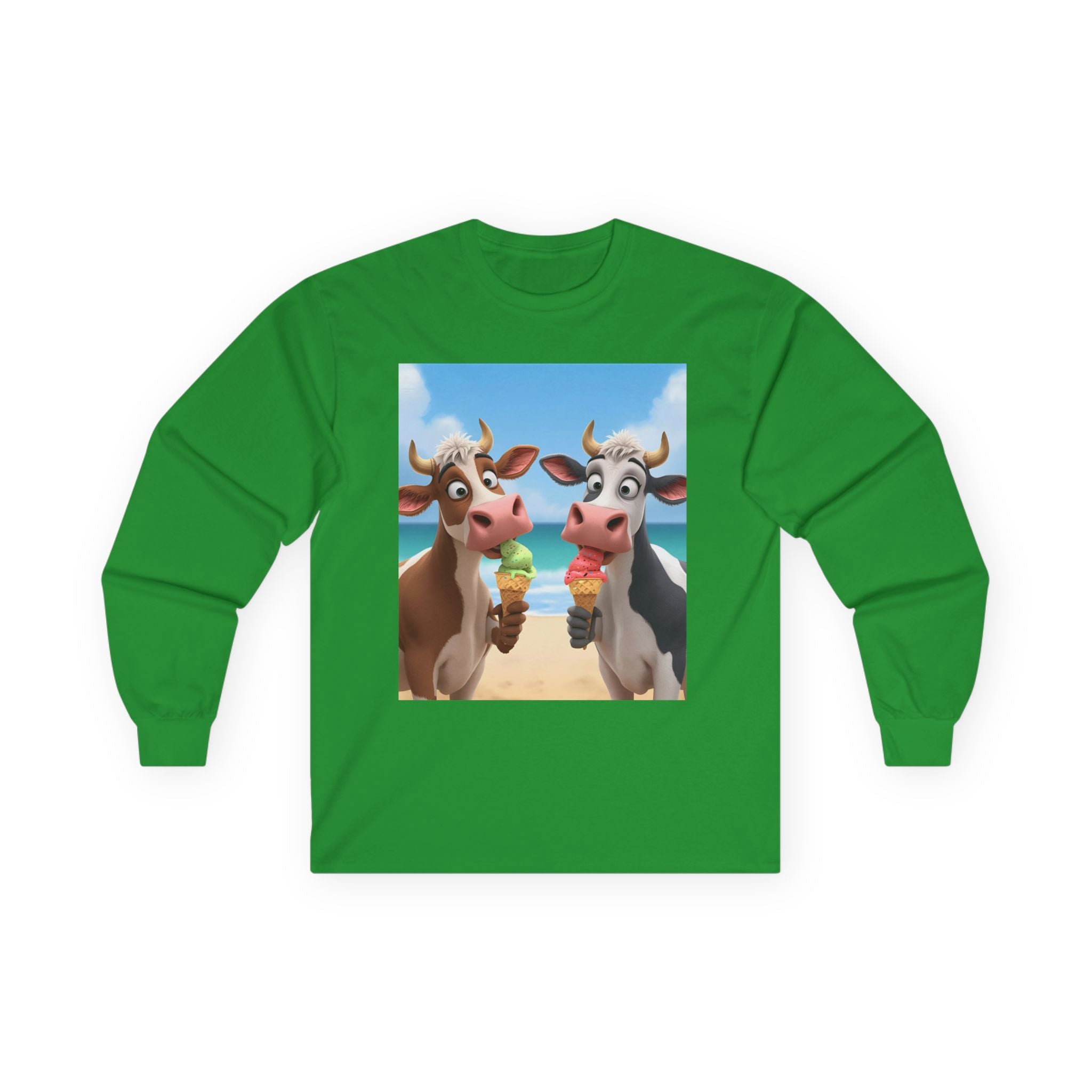 Funny Beach Cow Graphic Long Sleeve Tee, Cute Animal T-Shirt for Kids, Ice Cream Lover Gift, Summer Beach Apparel, Dairy Product Humor