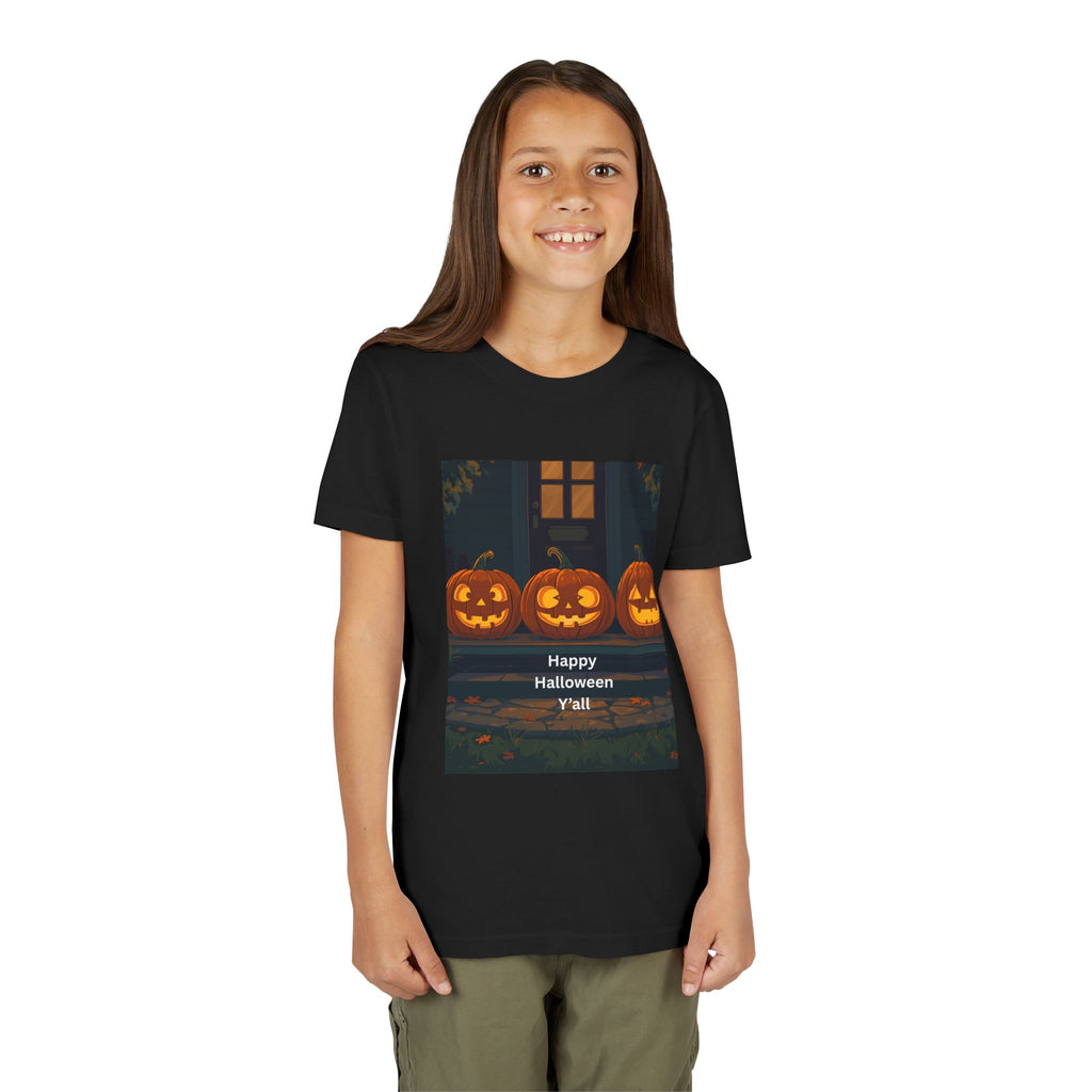 Halloween Pumpkin Youth Tee, Jack-o'-lantern Shirt, Trick or Treat Apparel, Spooky Kids T-Shirt, Halloween Costume Top