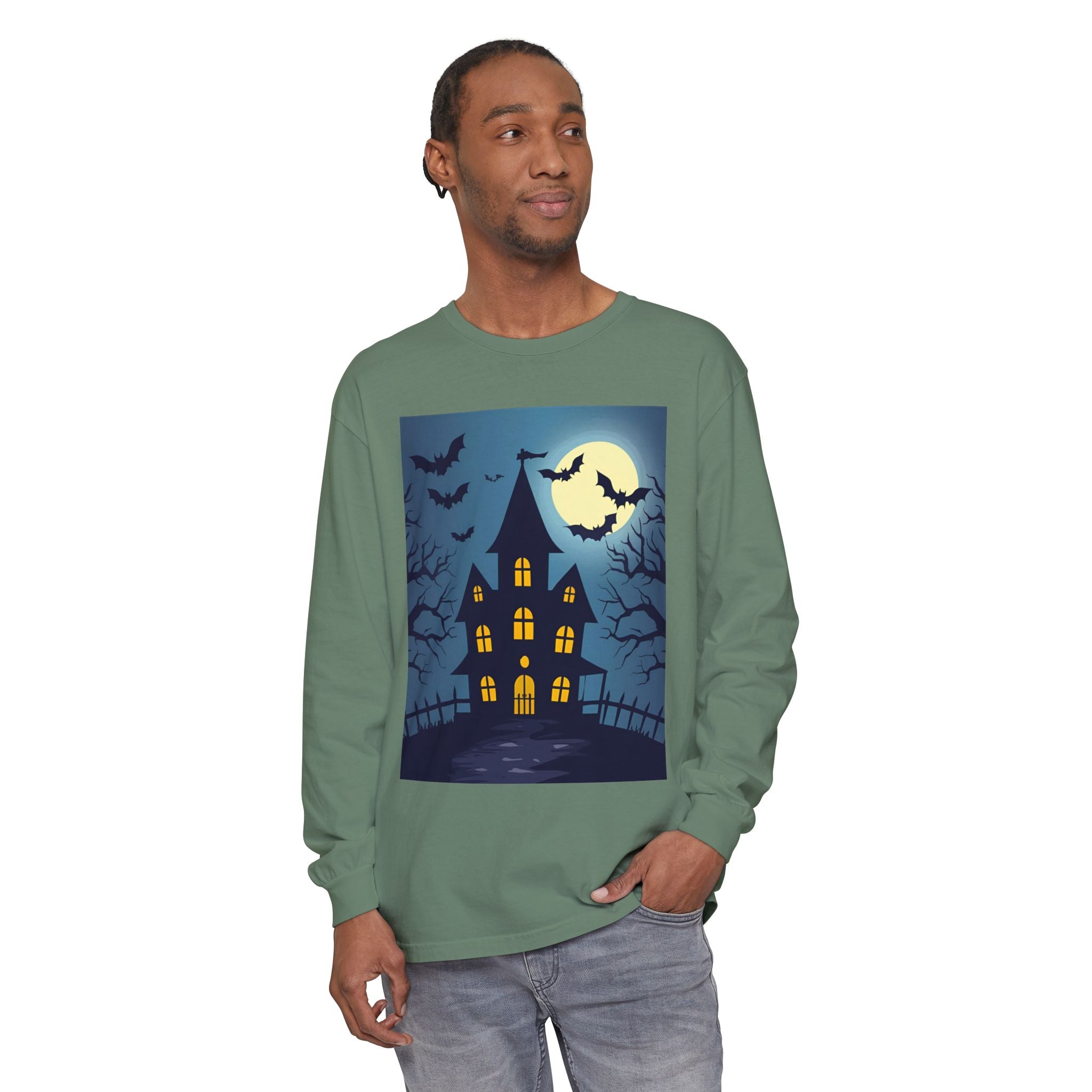 Haunted House Long Sleeve T-Shirt | Halloween Apparel, Fall Fashion, Spooky Shirt, Unisex Tee, Ghostly Vibes