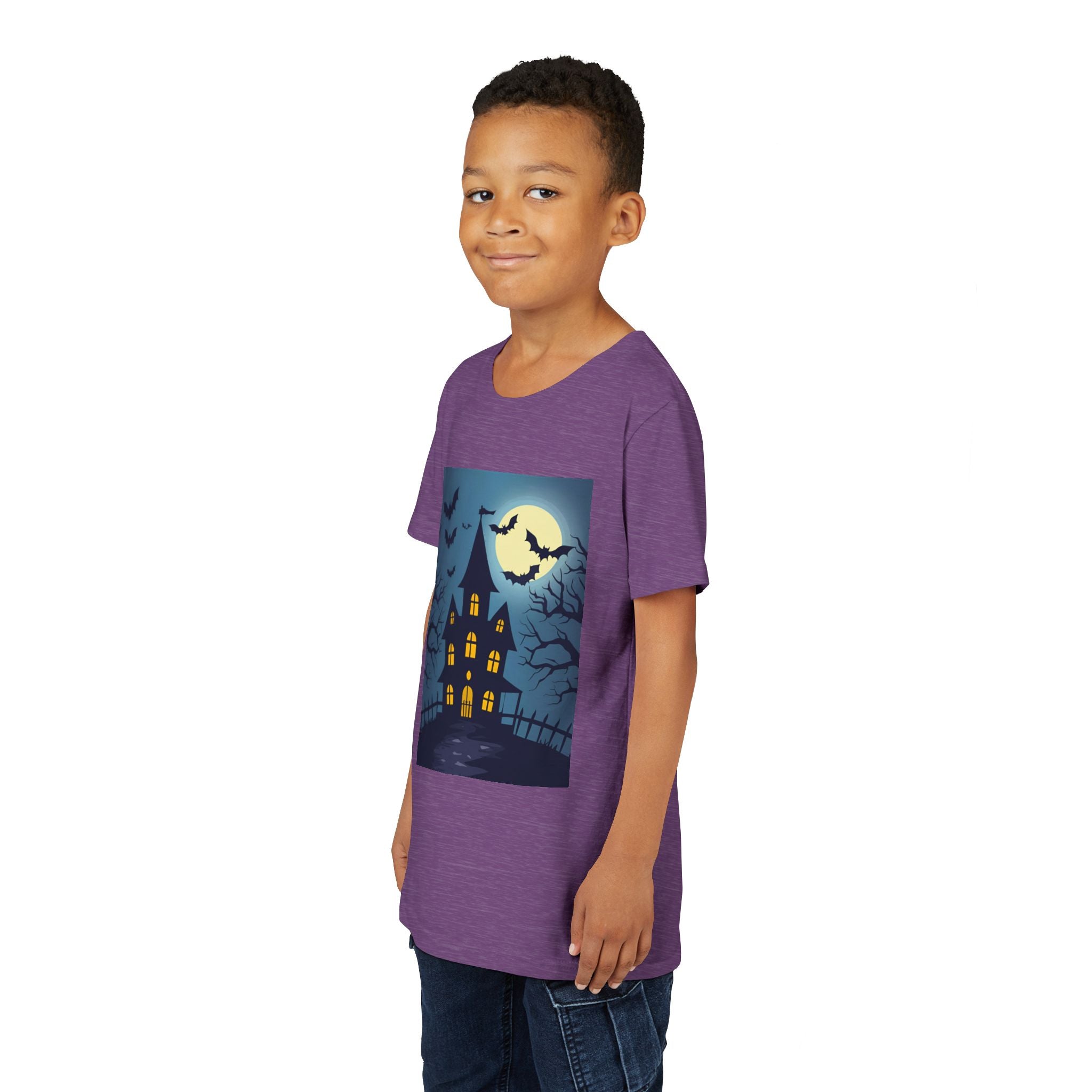 Spooky Halloween Haunted House Youth Tee, Kids Ghost T-Shirt, Haunted House Apparel, Bat Design Shirt, Trick or Treat Clothing