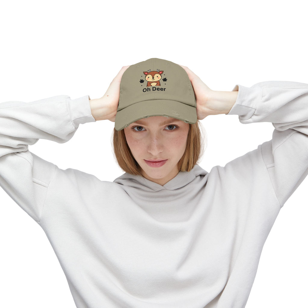 Cute Distressed Cap with 'Oh Deer' Design, Fun Gift for Nature Lovers, Unisex Outdoor Hat, Ideal for Birthdays, Holidays, Casual Wear