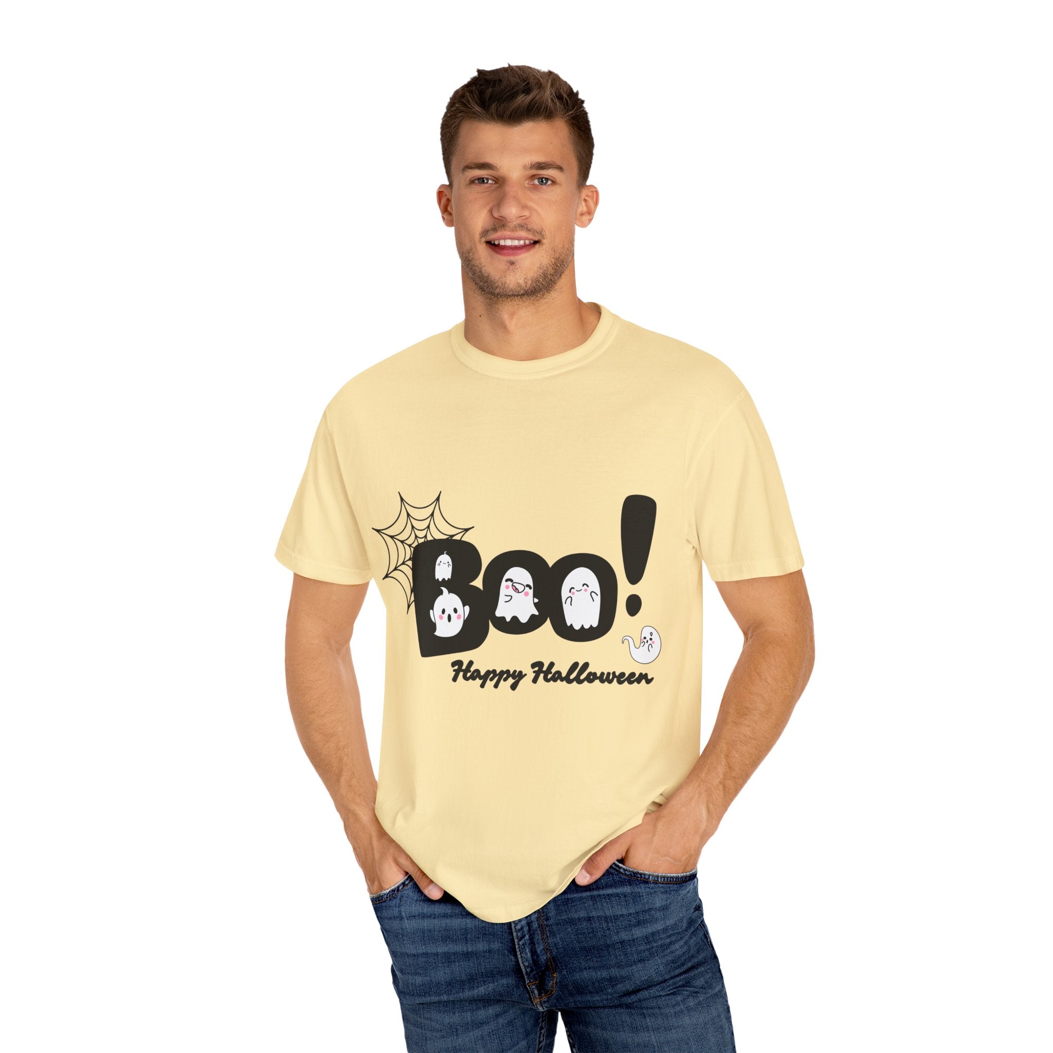 Halloween Boo T-Shirt, Unisex Garment-Dyed Tee, Spooky Costume, Fall Apparel, Trick or Treat Shirt, Ghost Print Top