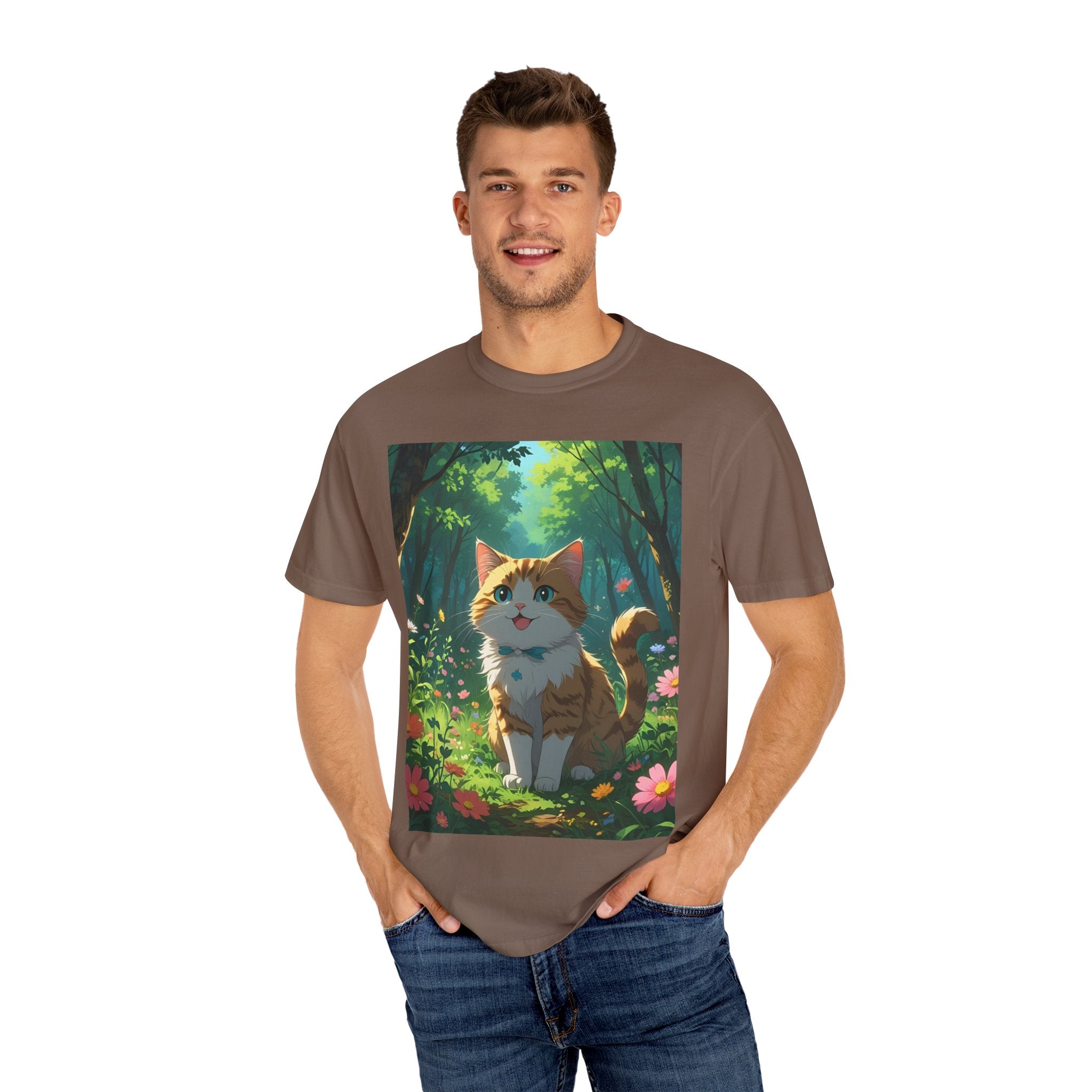 Whimsical Cat In Forest T-Shirt | Nature Lover Gift, Cute Pet Shirt, Animal Art Tee, Summer Outfit, Eco-Friendly Fashion