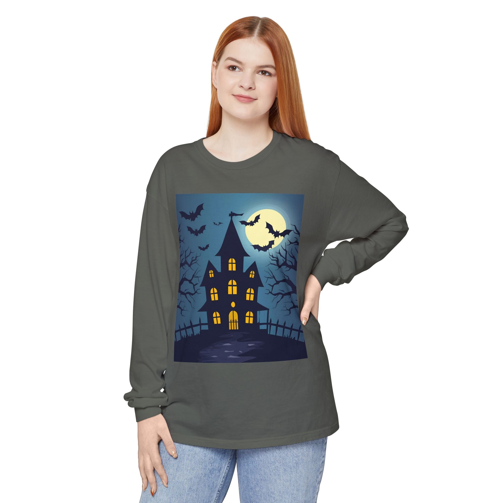 Haunted House Long Sleeve T-Shirt | Halloween Apparel, Fall Fashion, Spooky Shirt, Unisex Tee, Ghostly Vibes