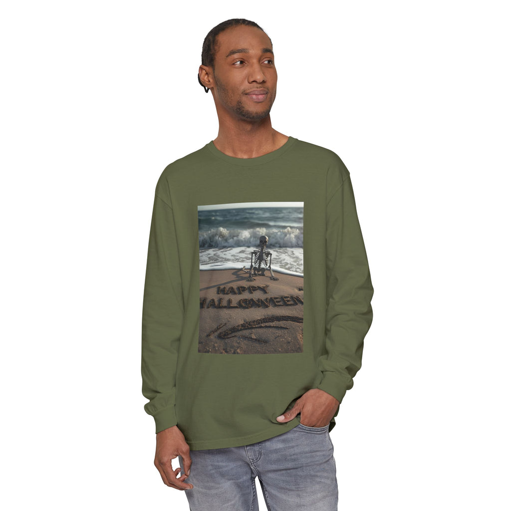 Happy Halloween Beach Skeleton Vibes Unisex Garment-dyed Long Sleeve T-Shirt