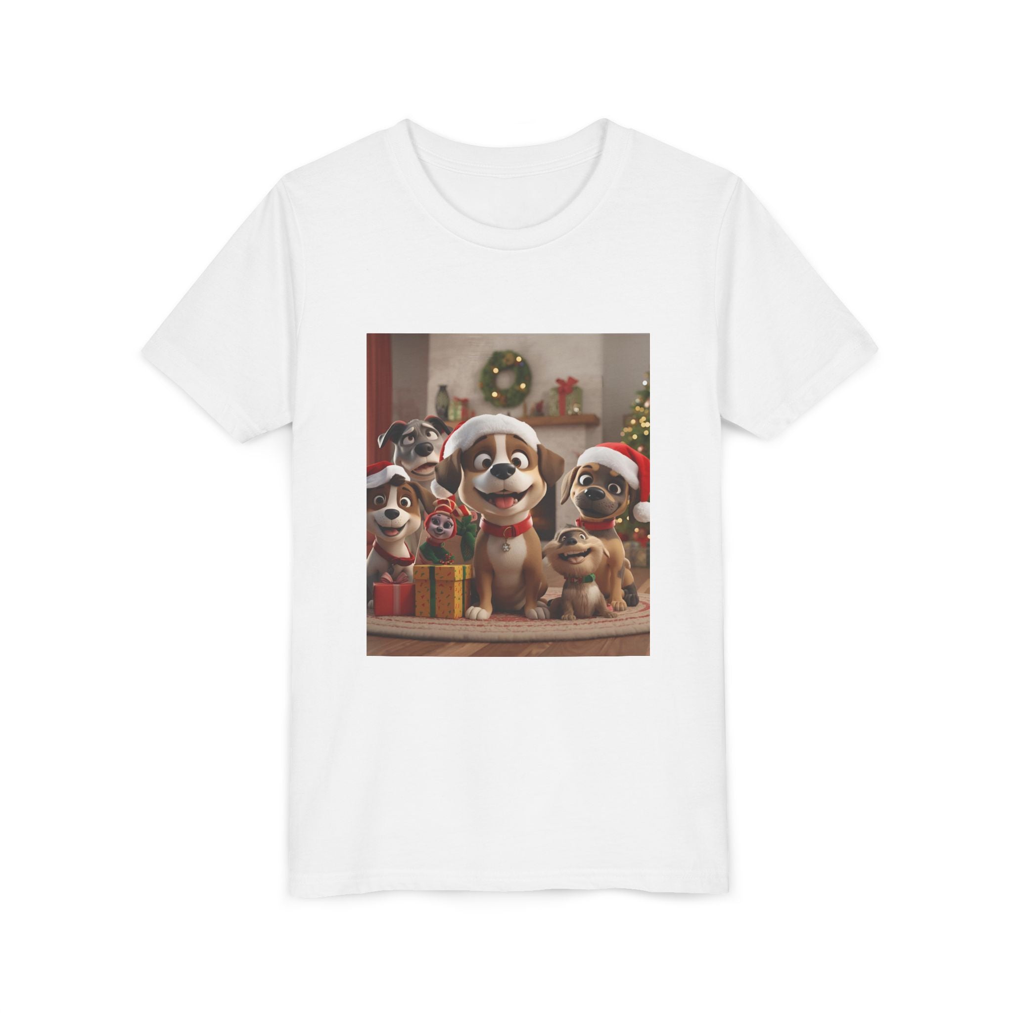 Cute Festive Christmas Dog Youth Short Sleeve Tee