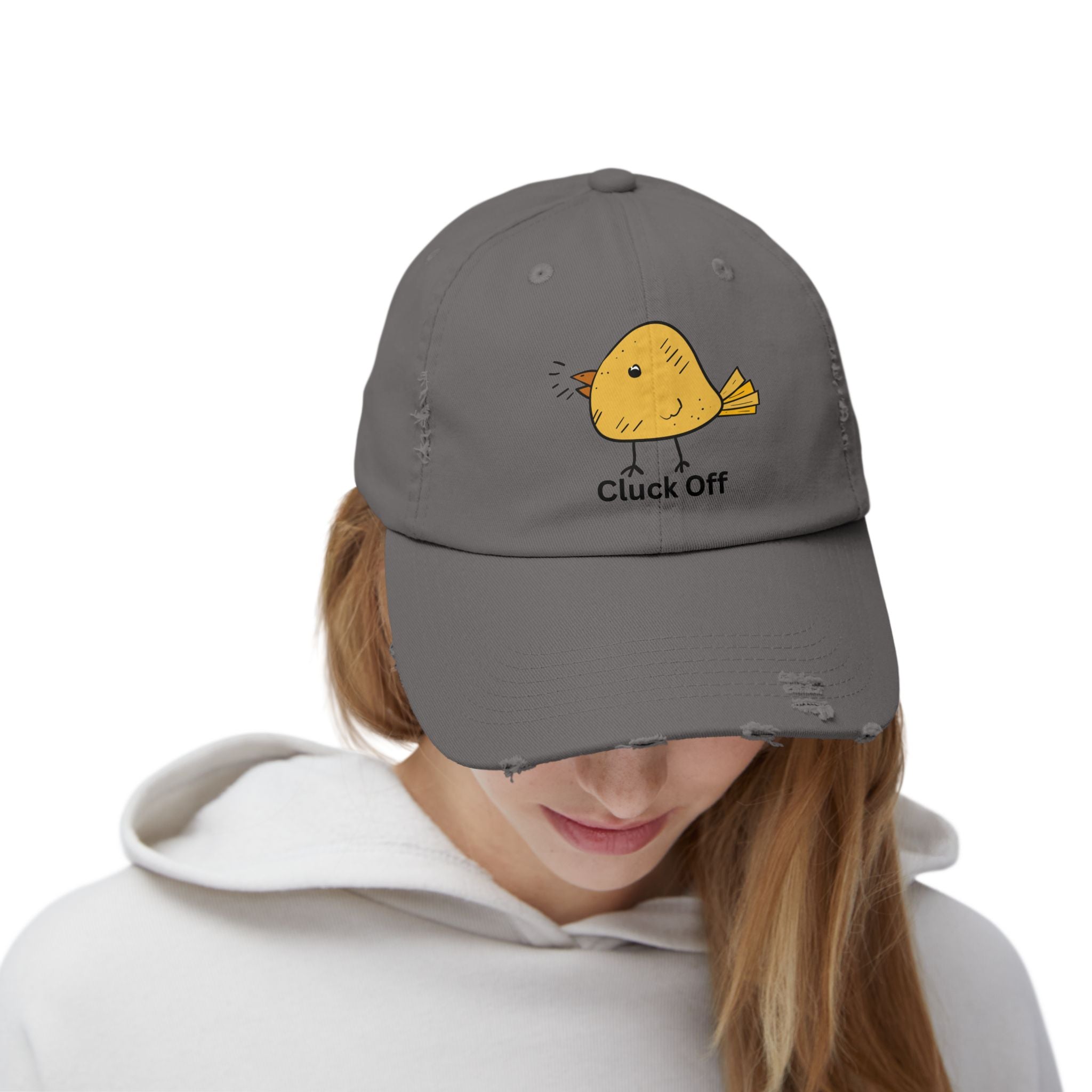 Quirky Distressed Cap with 'Cluck Off' Design - Fun Gift for Bird Lovers, Casual Wear, Summer Accessory, Unique Hat, Funny Cap