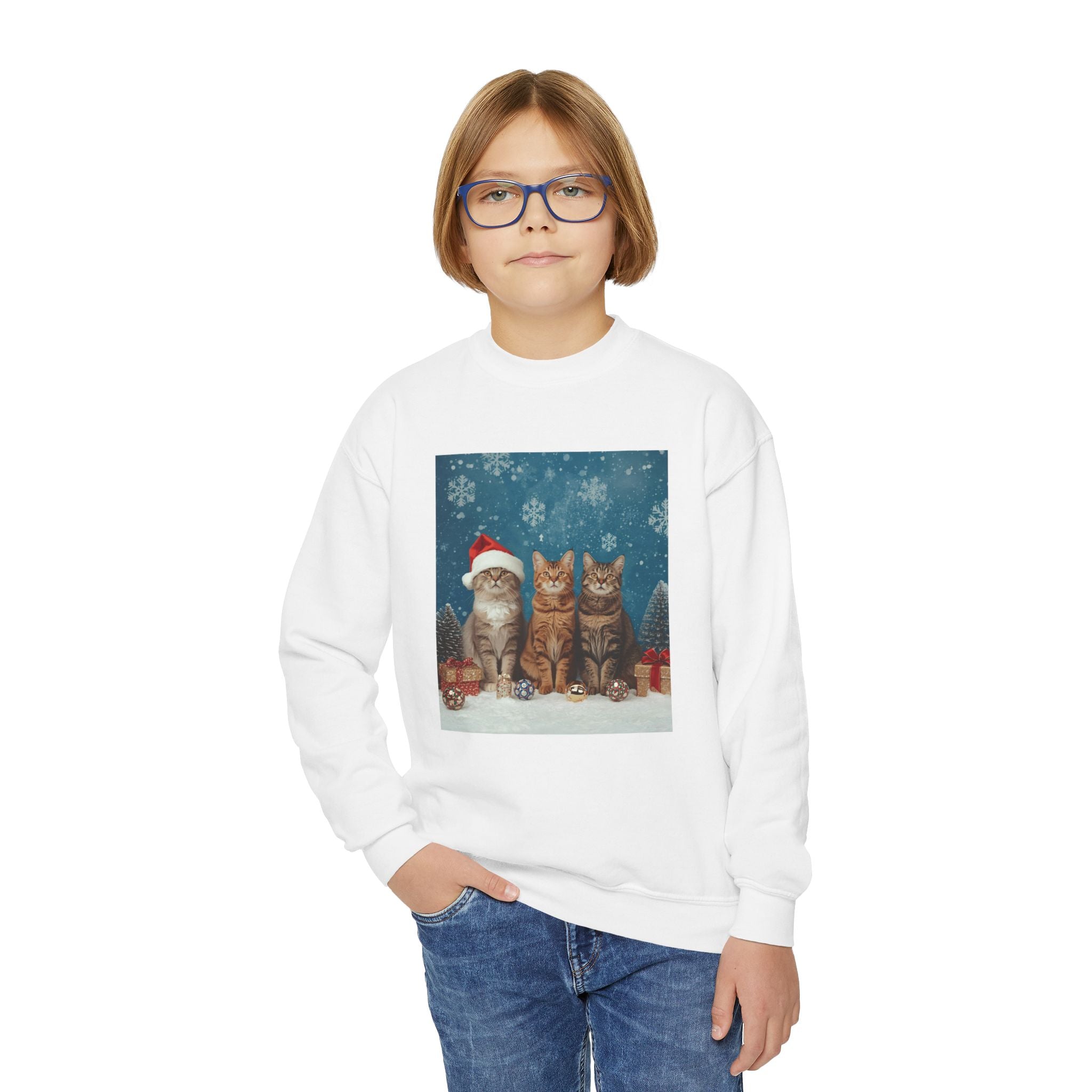 Cute Cat Festive Christmas Youth Crewneck Sweatshirt