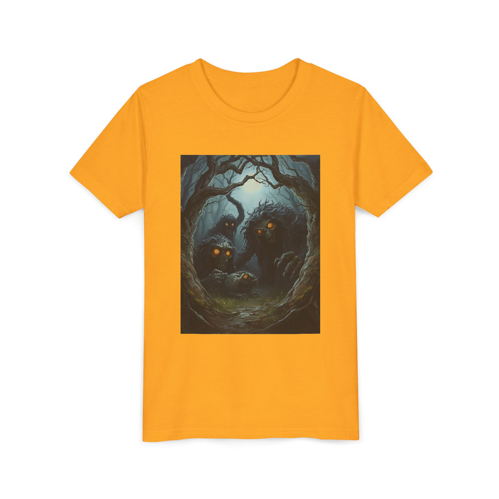 Spooky Mystical Forest Creatures Youth Tee, Cool Graphic T-Shirt, Kids Nature Shirt, Unique Gift for Boys & Girls, Perfect for Halloween
