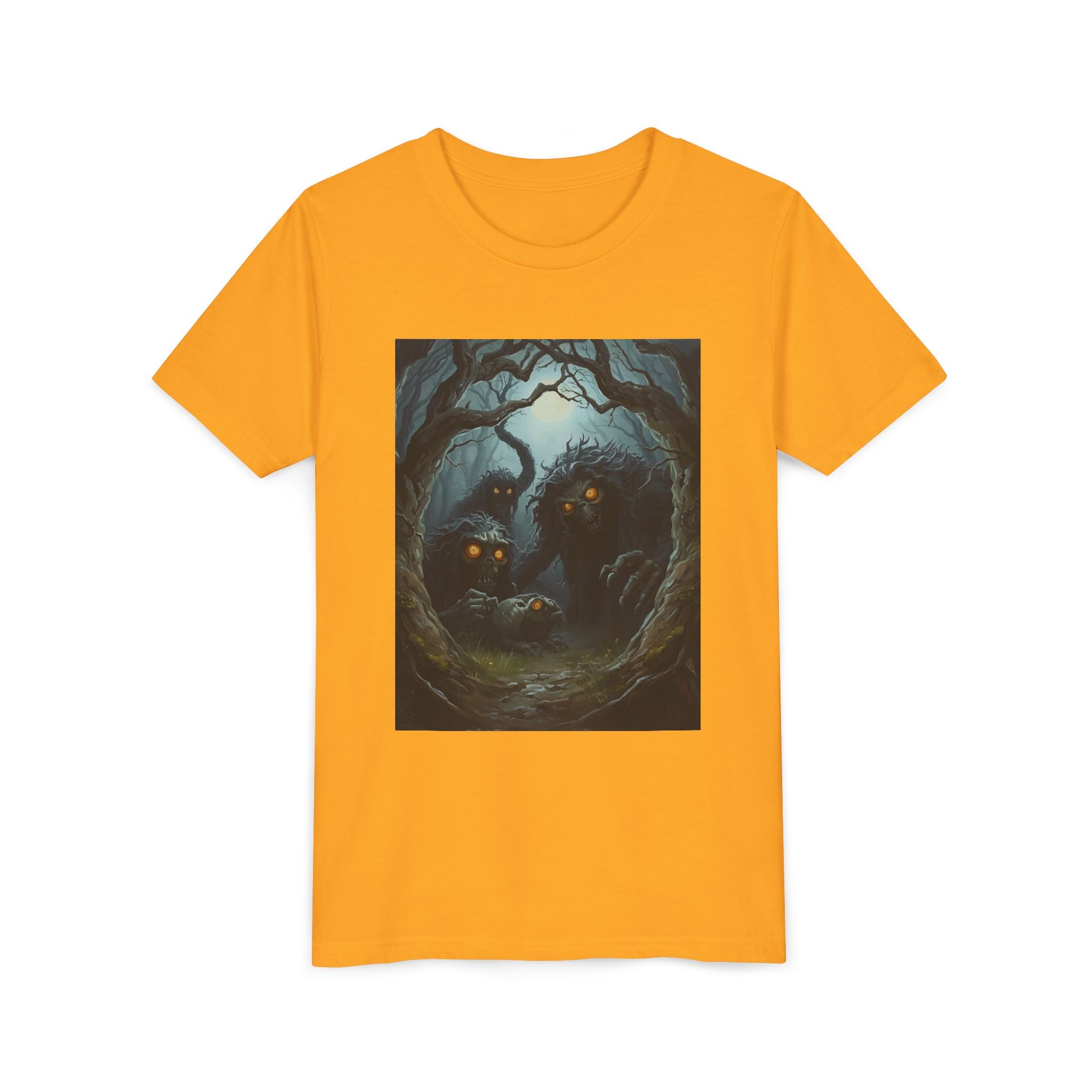 Spooky Mystical Forest Creatures Youth Tee, Cool Graphic T-Shirt, Kids Nature Shirt, Unique Gift for Boys & Girls, Perfect for Halloween