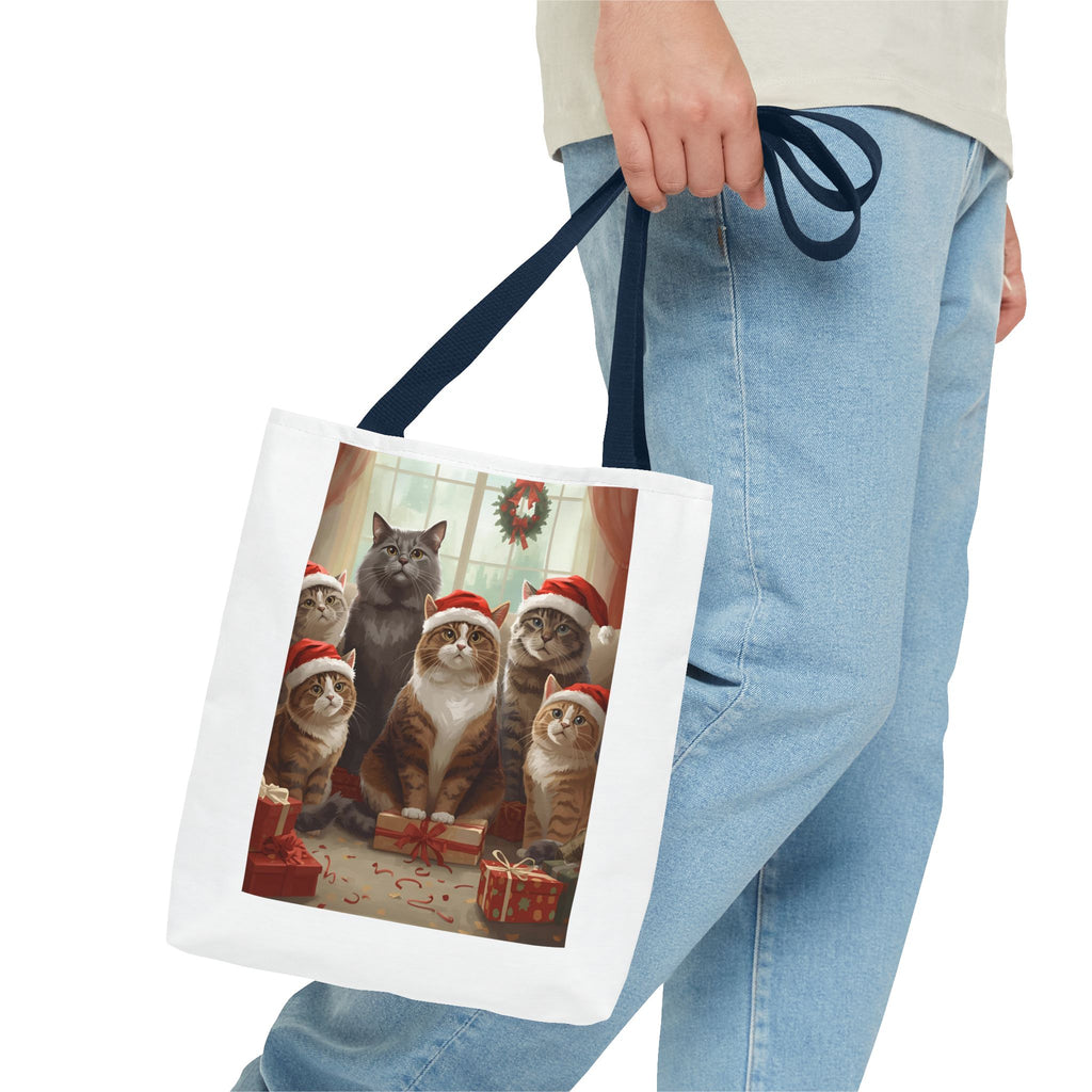 Cute Christmas Festive Cat Tote Bag, Christmas Gift, Holiday Shopping Bag, Cute Cat Lover Bag, AOP Tote for Cat Enthusiasts