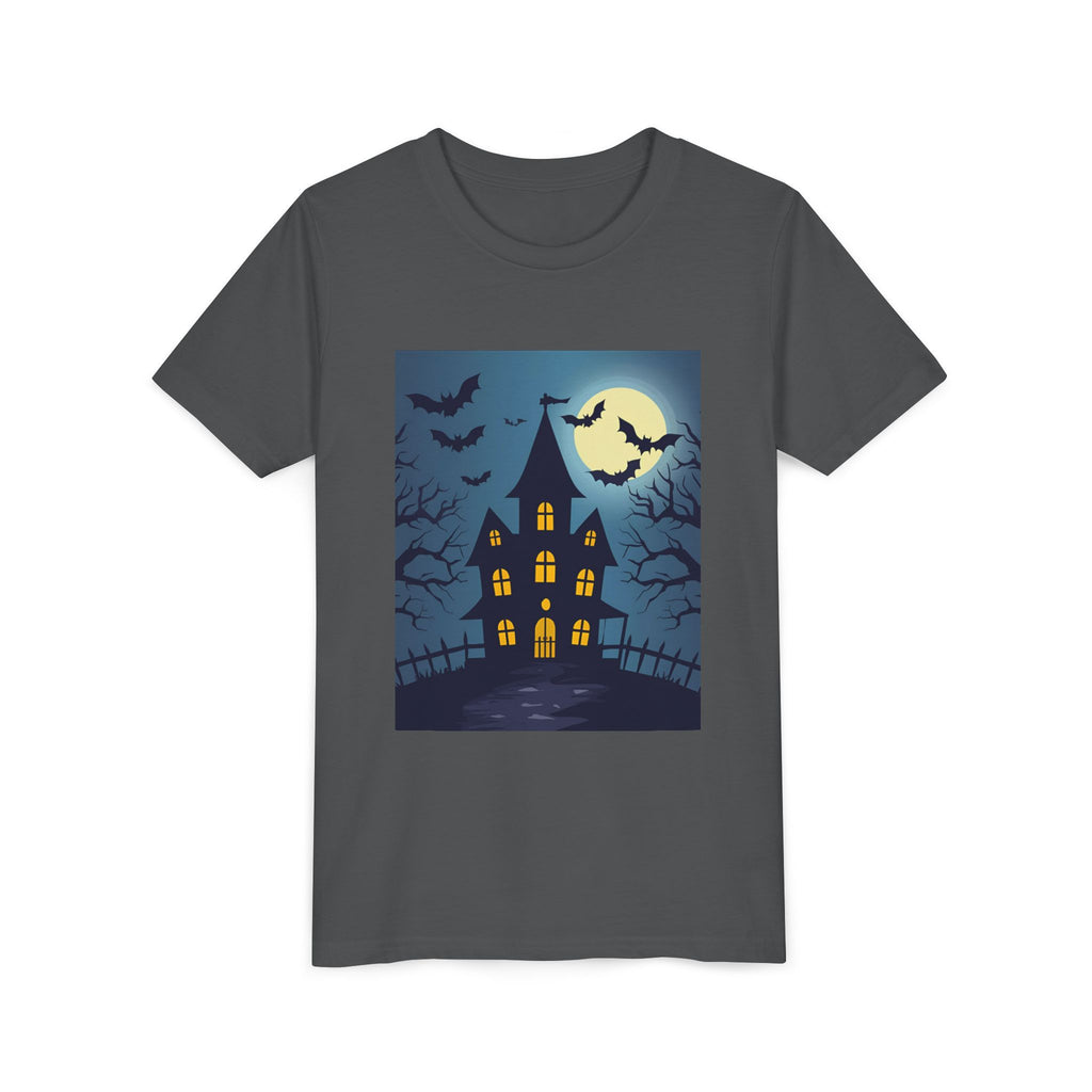 Spooky Halloween Haunted House Youth Tee, Kids Ghost T-Shirt, Haunted House Apparel, Bat Design Shirt, Trick or Treat Clothing