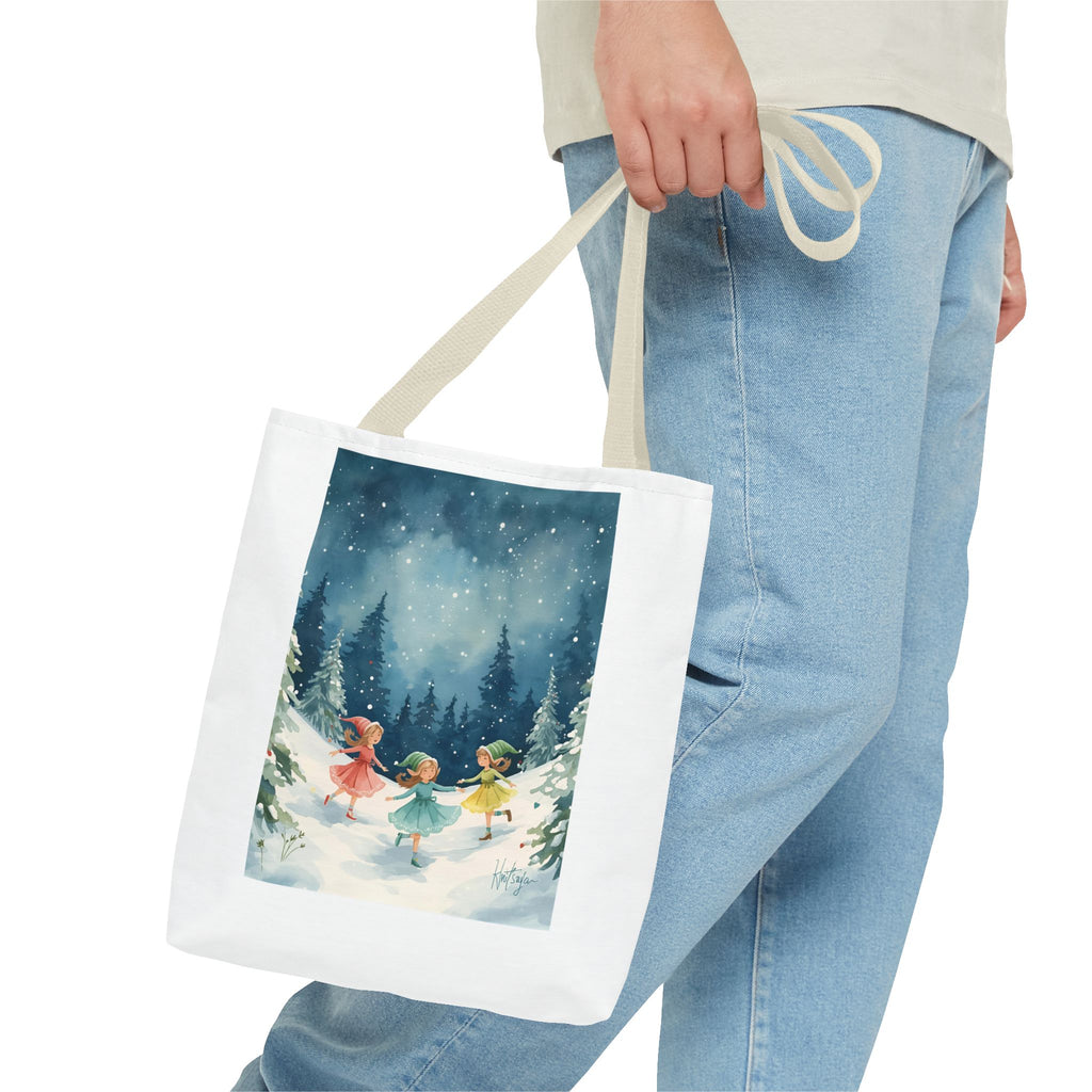 Winter Wonderland Tote Bag, Cute Girls Playing in Snow, AOP Design, Perfect for Gifts, Seasonal Bag, Eco-Friendly Shopping