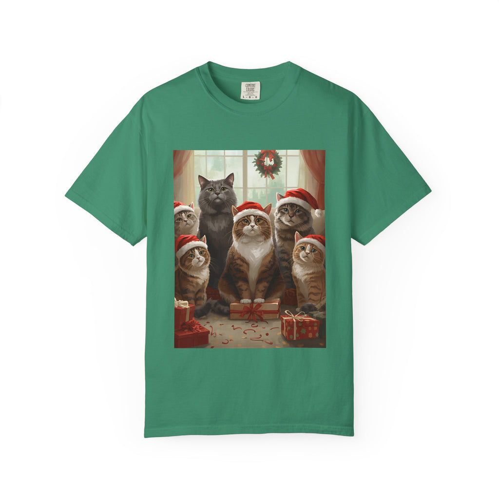 Cute Festive Funny Christmas Cat T-Shirt, Holiday Gift for Cat Lovers, Cute Tee for Winter, Unisex Garment-Dyed Shirt, Christmas Apparel, Festive Outfit